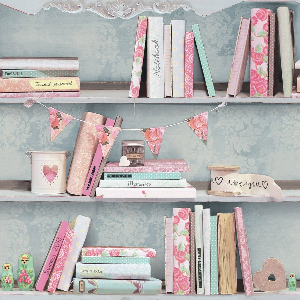 bookshelf, floral notebooks, heart-themed decor, SD Desktop Wallpaper