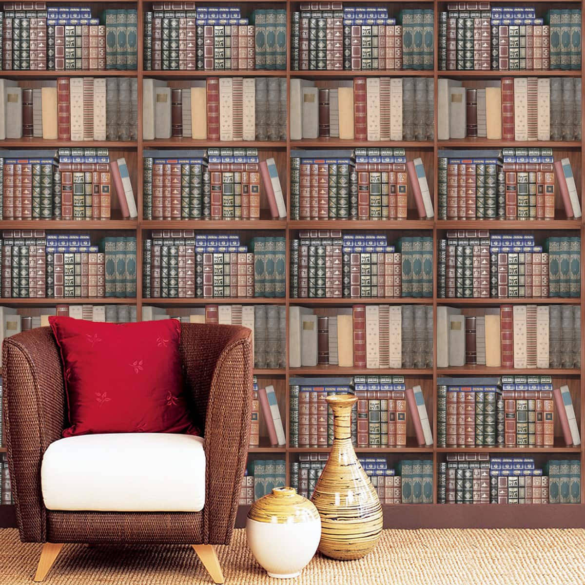 vintage books, old wooden bookshelf, wicker armchair, SD Desktop Wallpaper