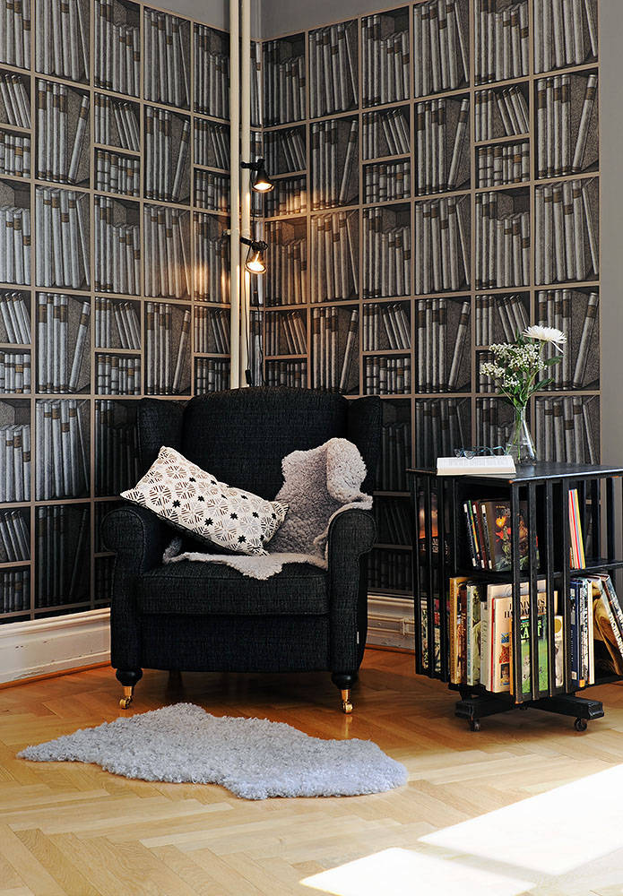 bookshelf, black armchair, reading nook, SD Phone Wallpaper