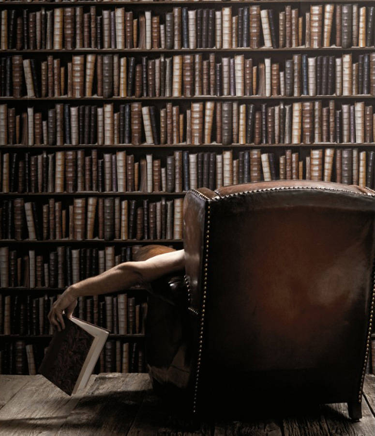 leather armchair, bookshelf, vintage tomes, SD Phone Wallpaper