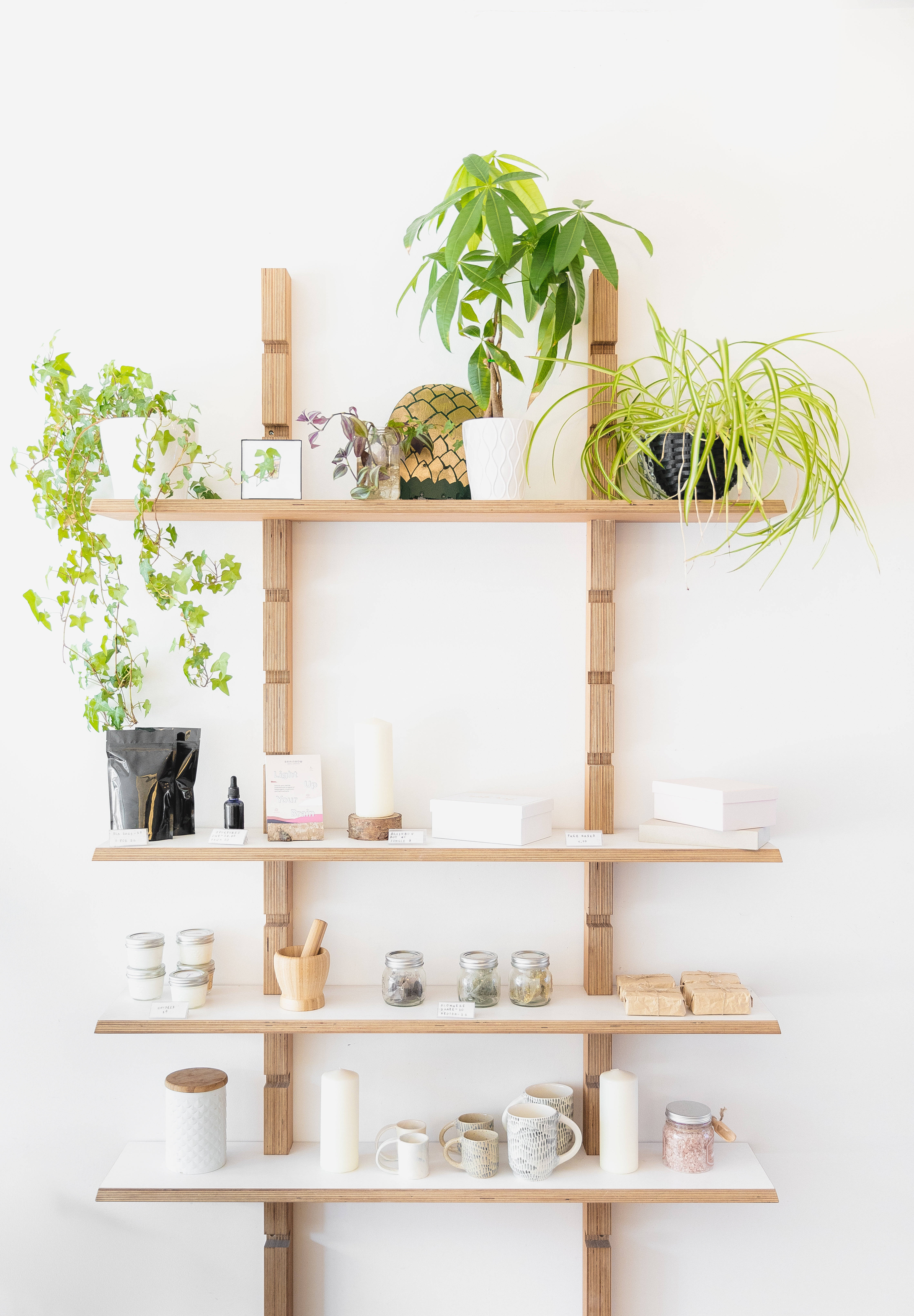 simple wooden shelves, wooden ladder shelf, white wall, 5K Phone Wallpaper