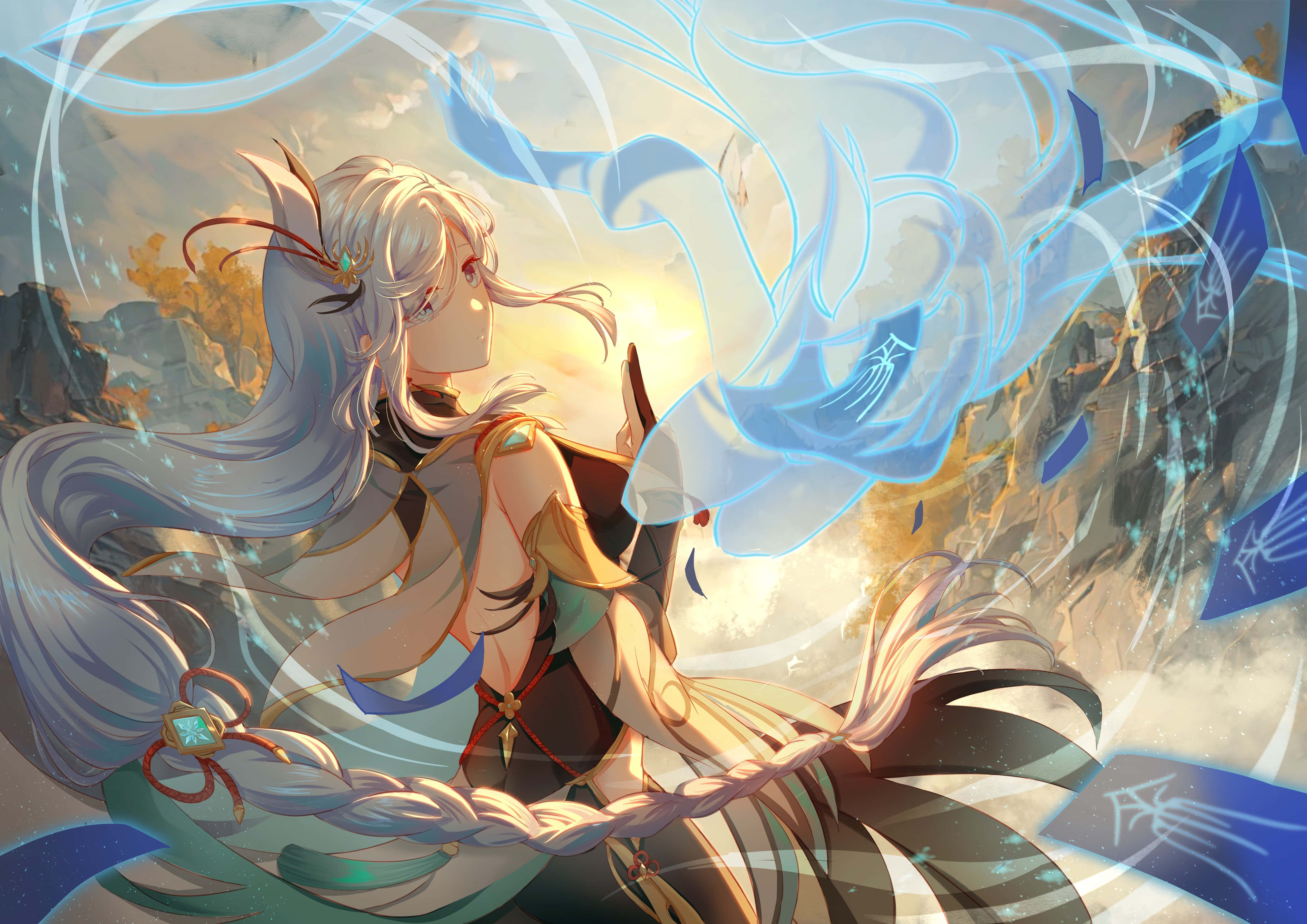 Shenhe, silver-haired, red eyes, 4K Desktop Wallpaper