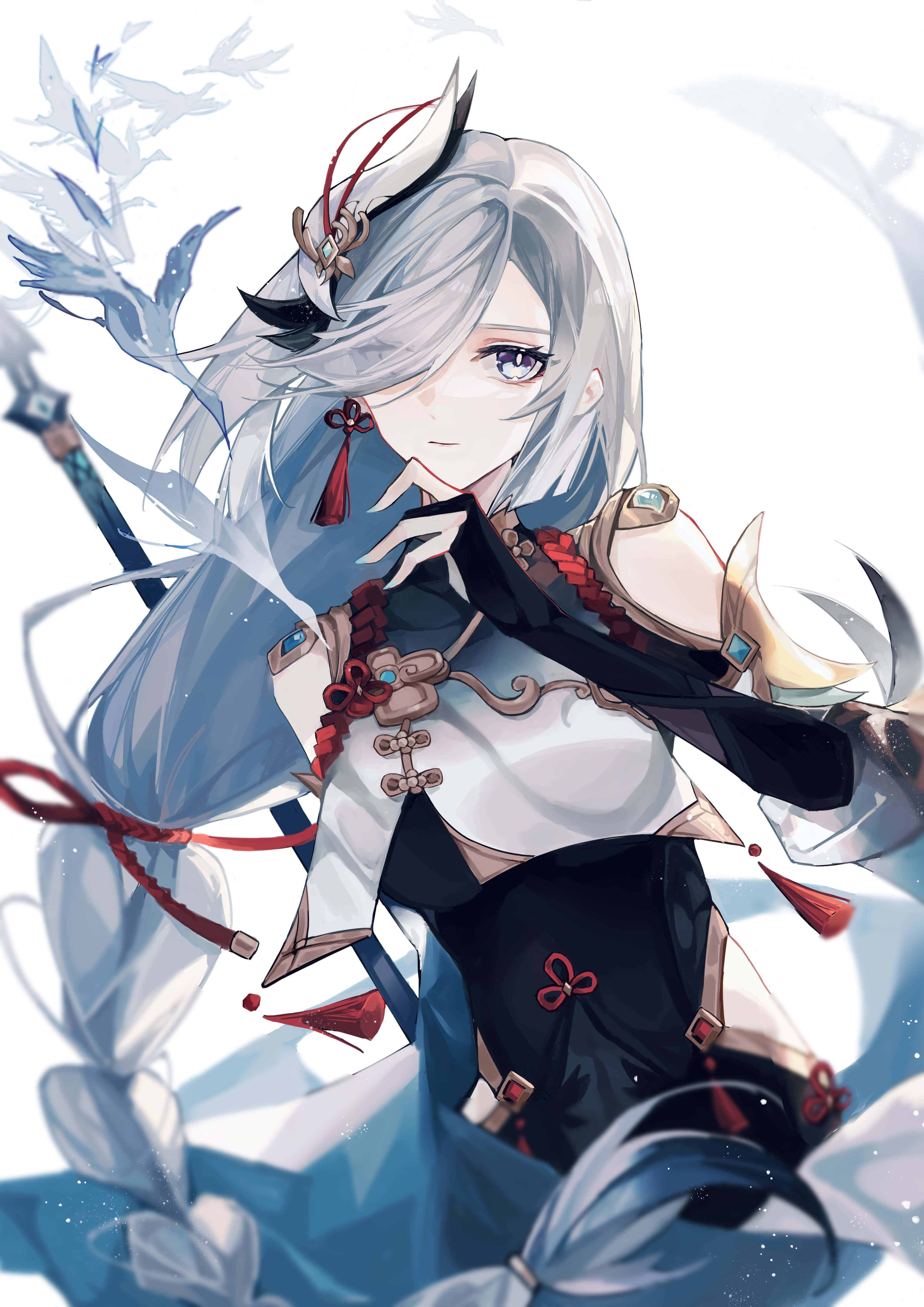 Shenhe, silver-haired anime girl, blue and black outfit, 4K Phone Wallpaper