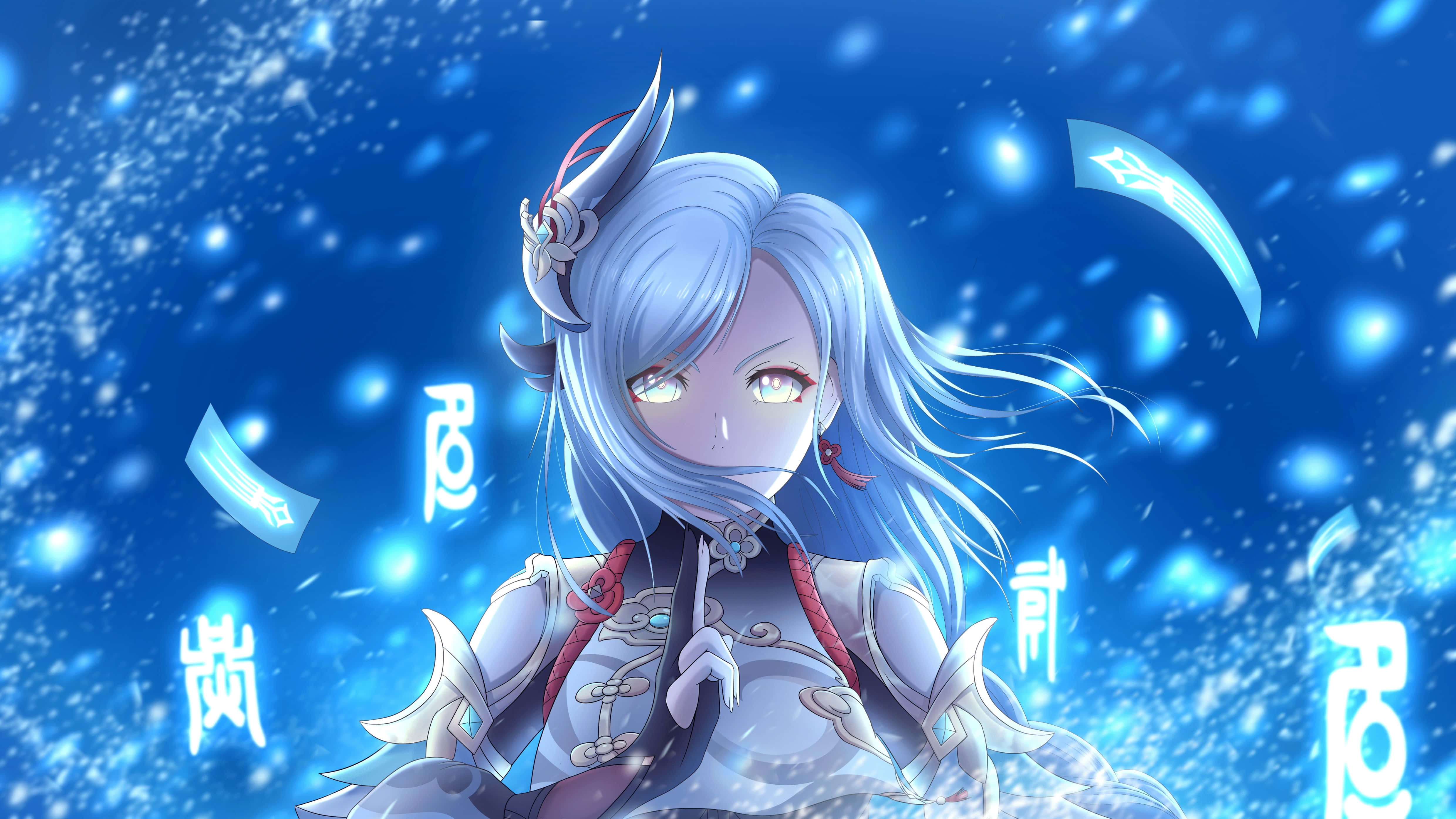 Shenhe, celestial lanterns, silver hair, 4K Desktop Wallpaper