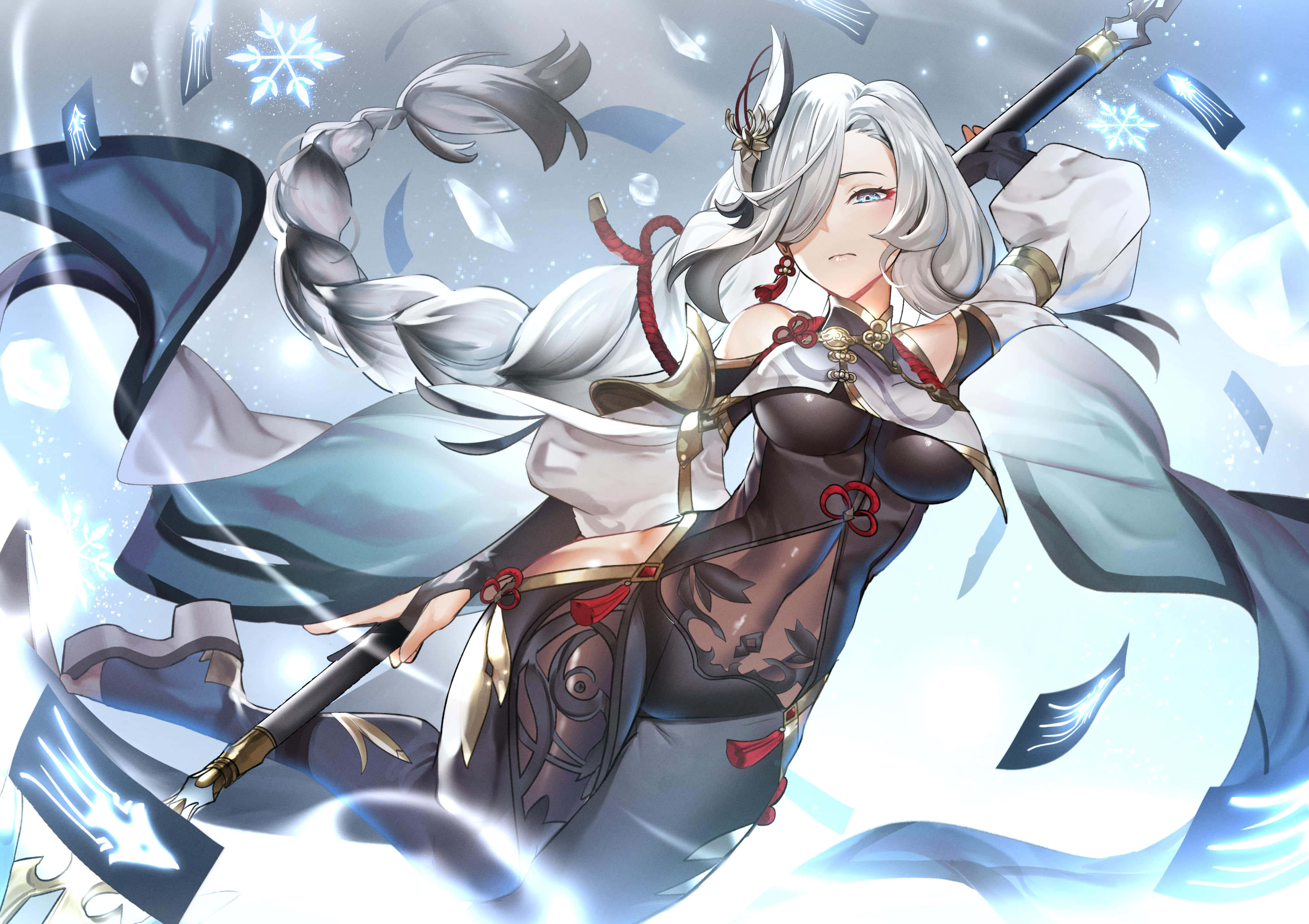 Shenhe, silver-haired, anime warrior, 4K Desktop Wallpaper