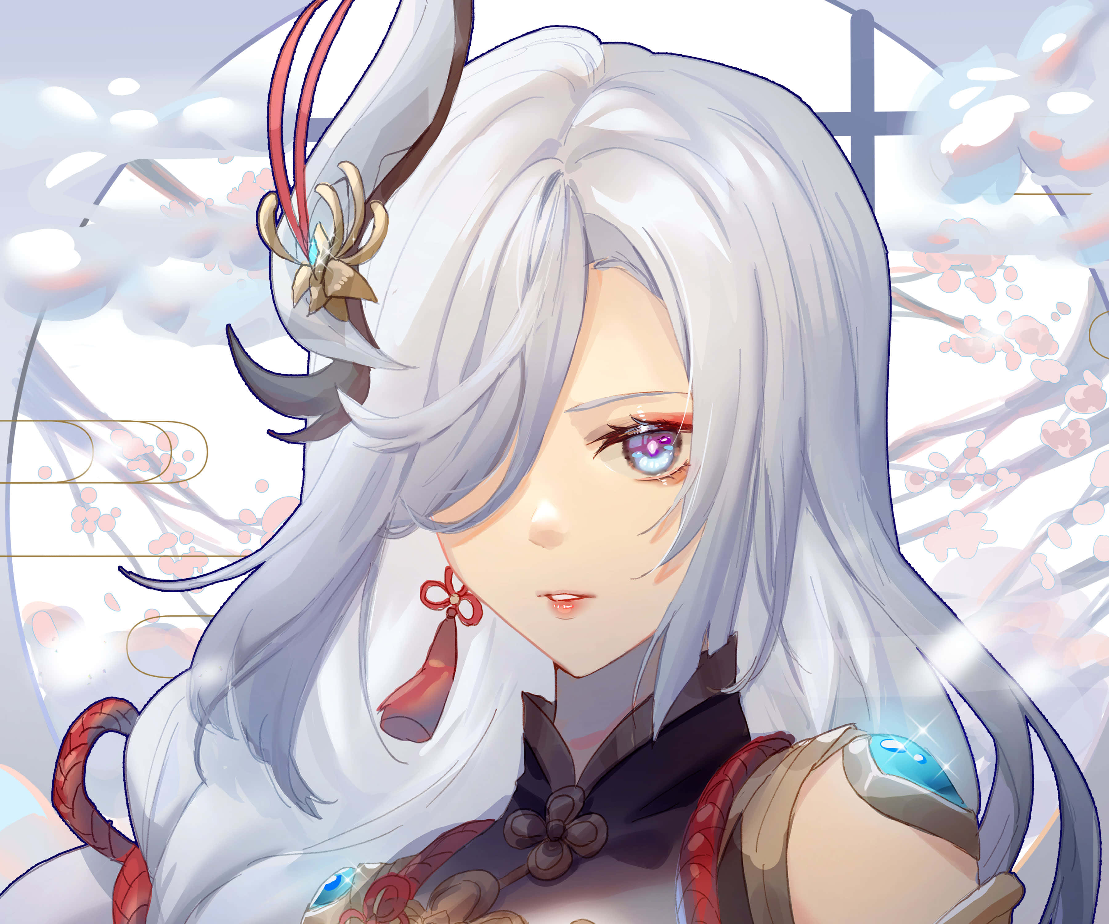 Shenhe, silver hair, glowing eyes, 2K Desktop Wallpaper