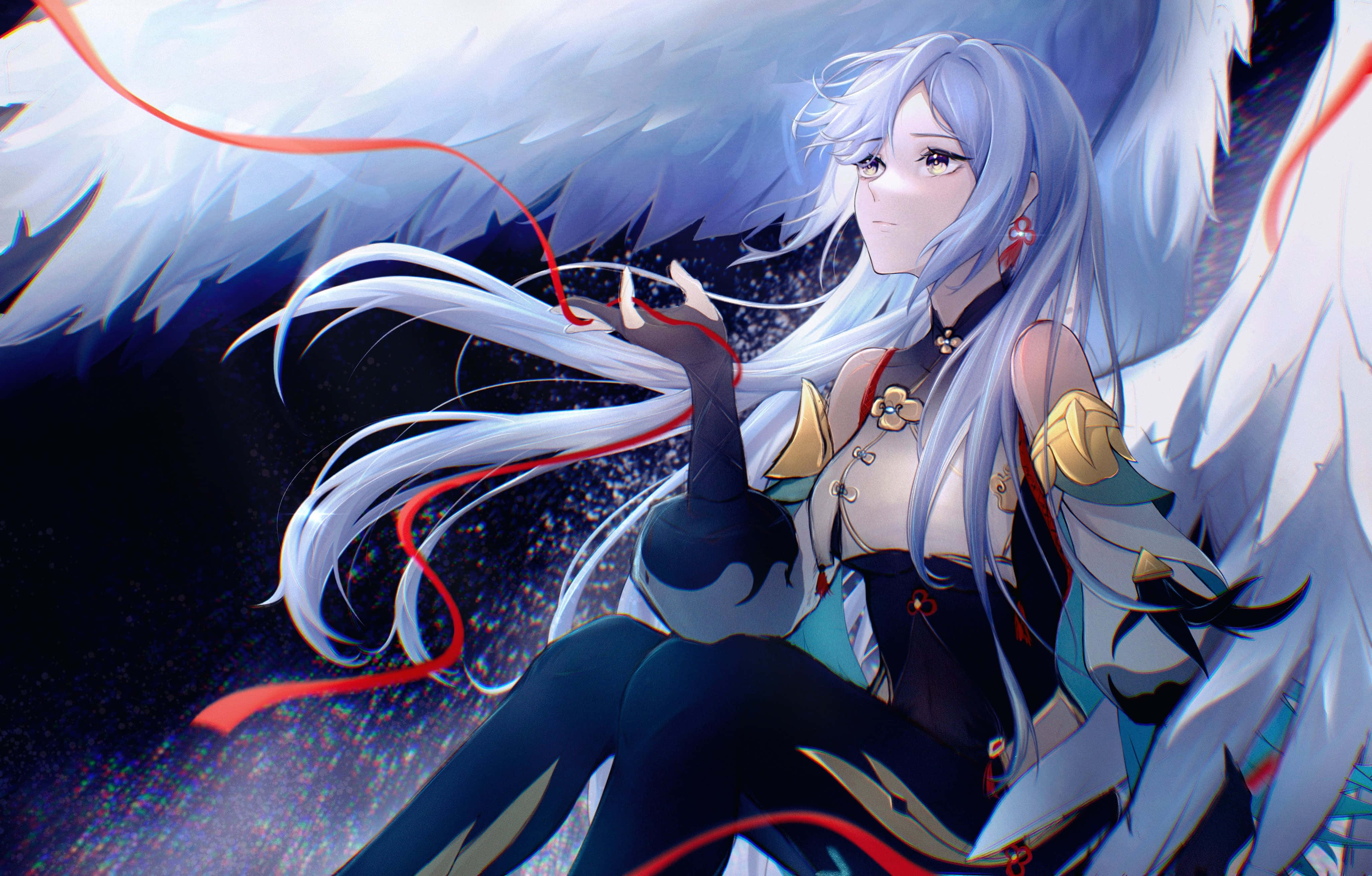 Shenhe, silver hair, white wings, 4K Desktop Wallpaper