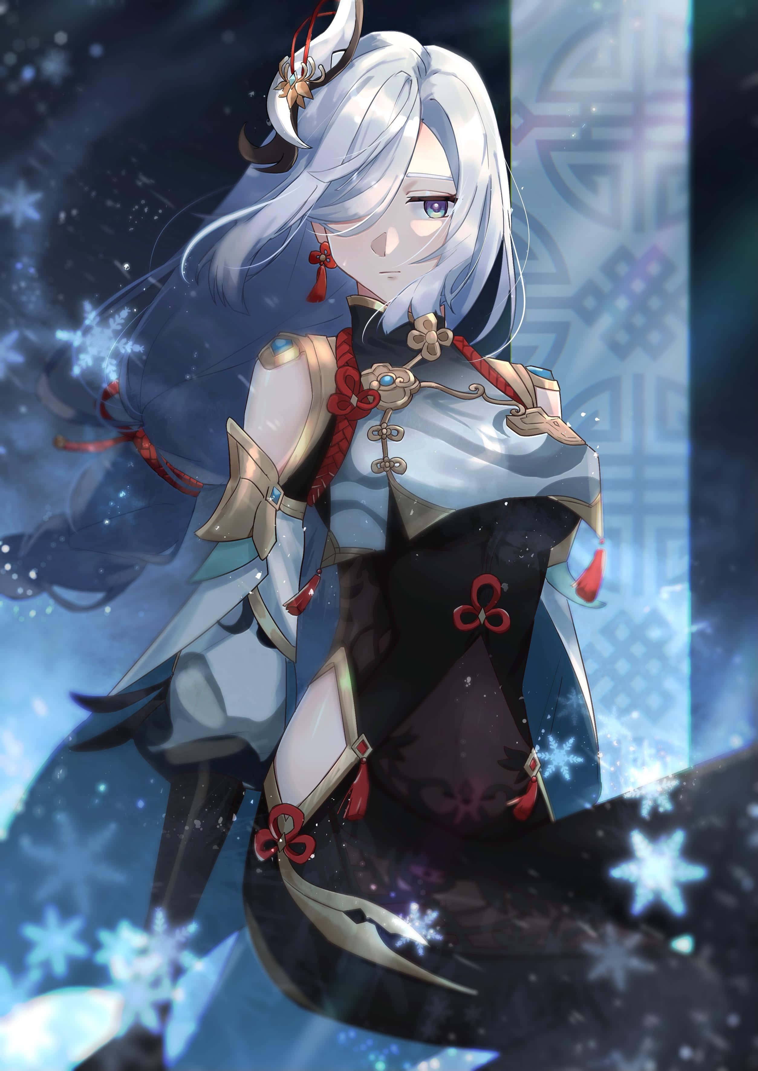 Shenhe, silver-haired anime girl, ornate black and gold armor, 2K Phone Wallpaper