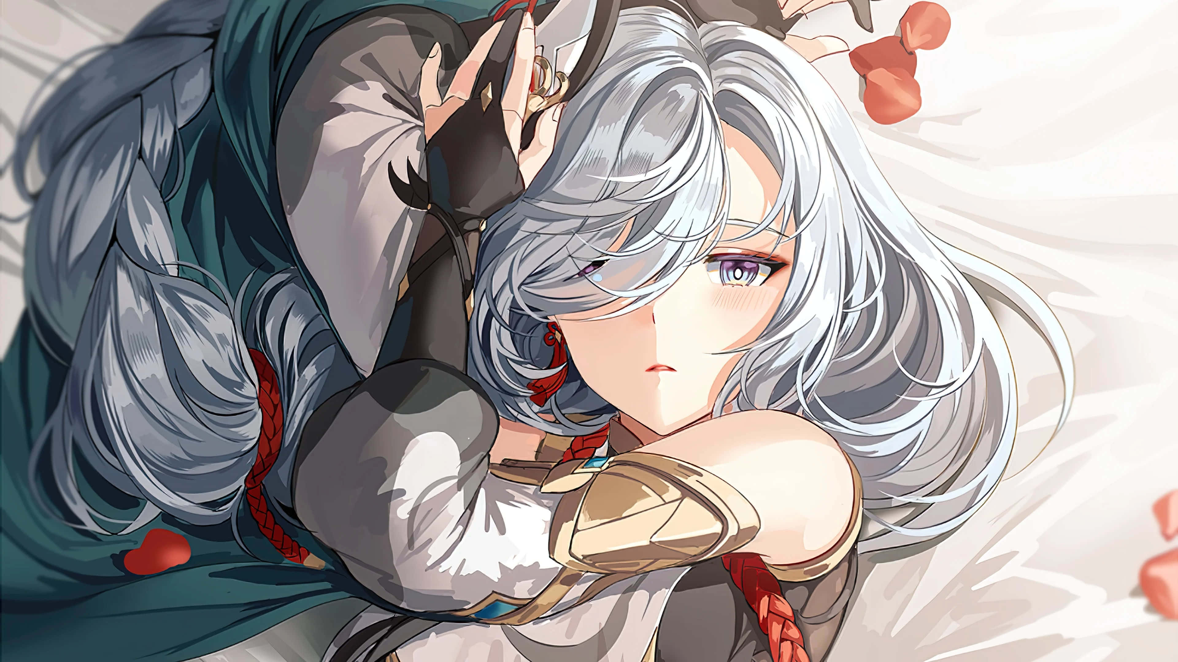 Shenhe, silver-haired, purple eyes, 4K Desktop Wallpaper