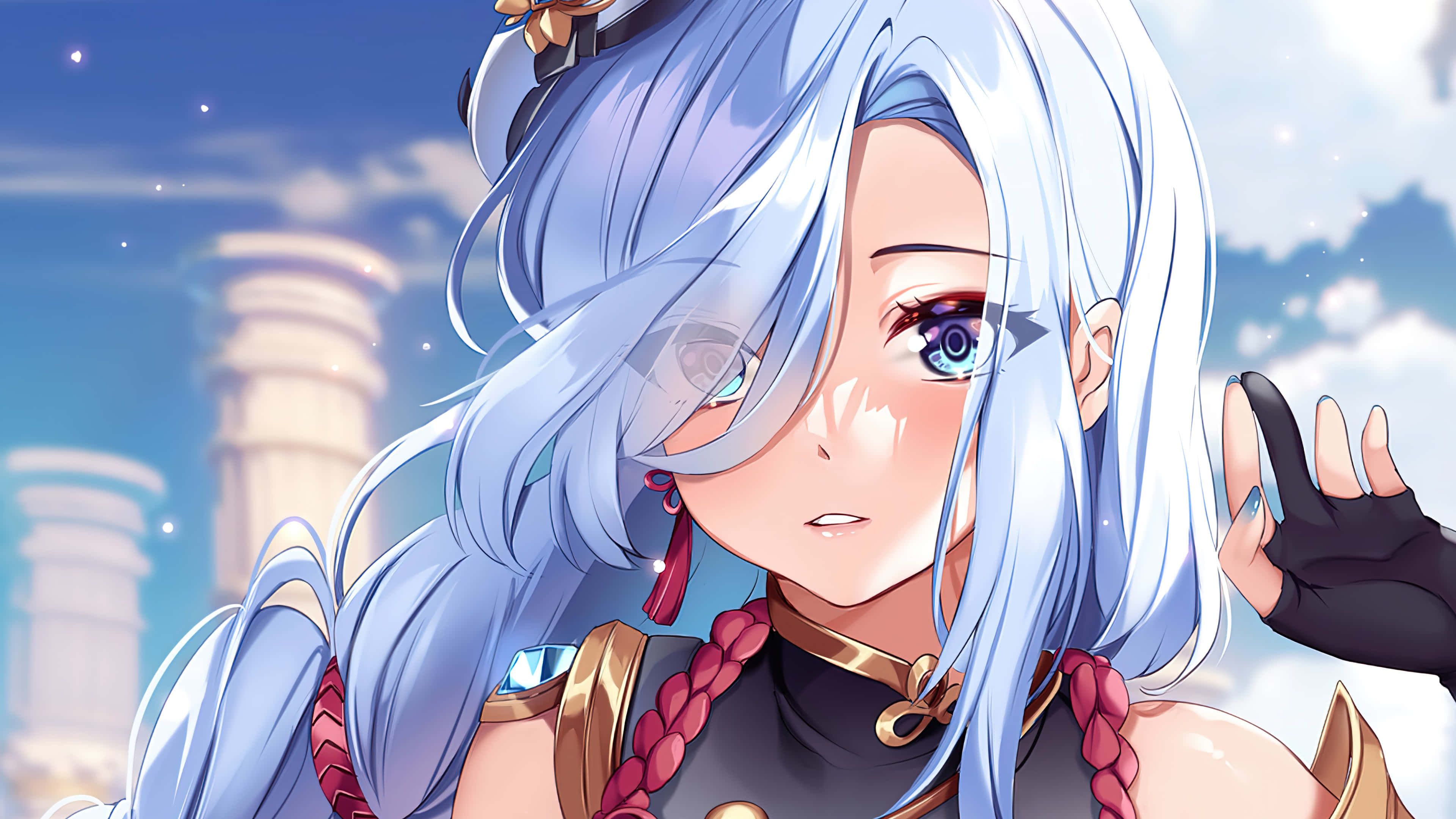 Shenhe, blue-haired, anime girl, 4K Desktop Wallpaper