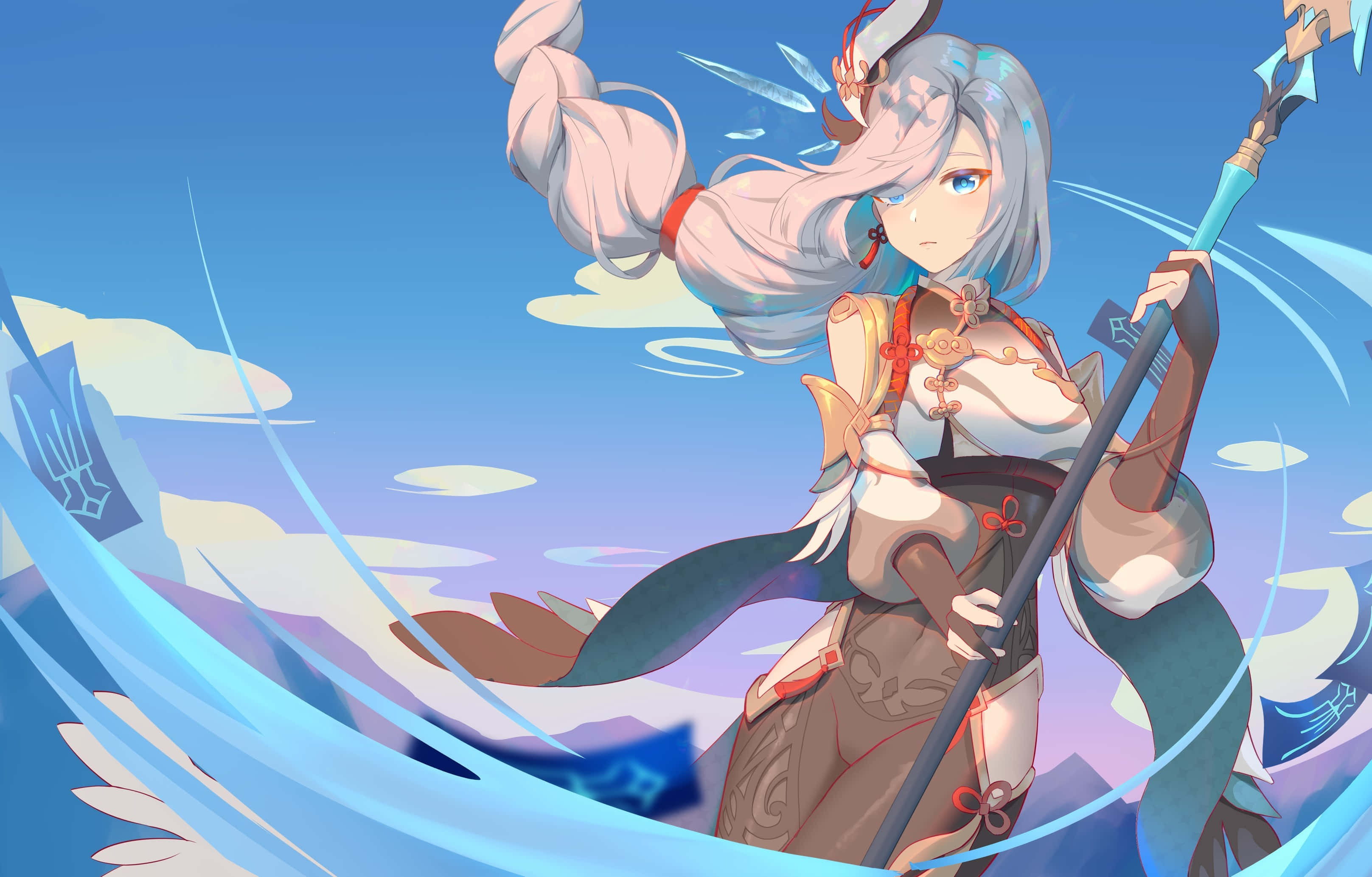 Shenhe, silver-haired anime girl, spear, 2K Desktop Wallpaper
