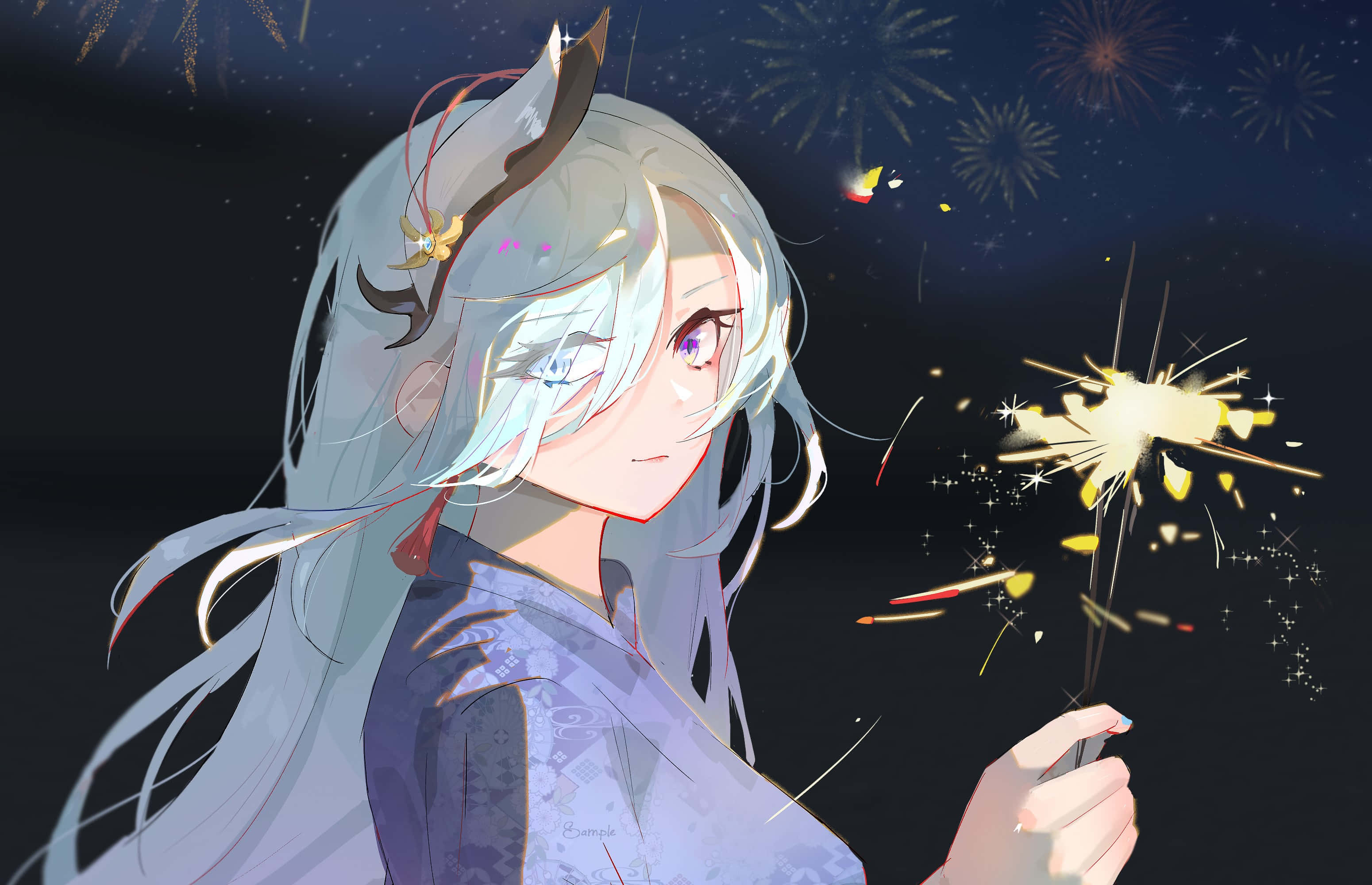 Shenhe, sparkler, starry night sky, 2K Desktop Wallpaper