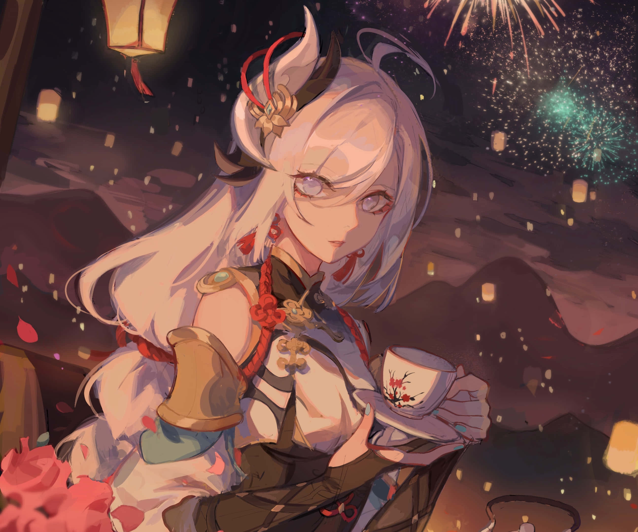 Shenhe, festive attire, silver-haired, 2K Desktop Wallpaper