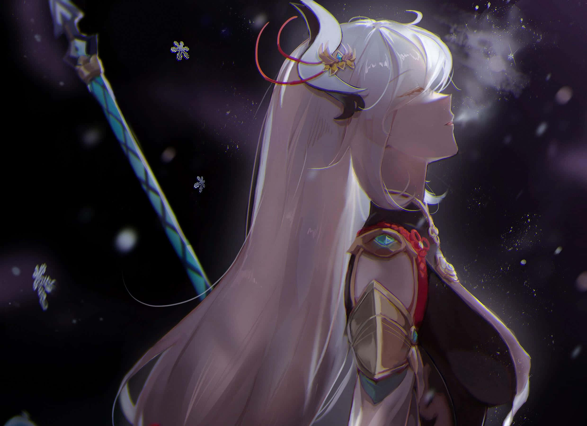 Shenhe, crescent moon headpiece, starry night sky, Full HD Desktop Wallpaper