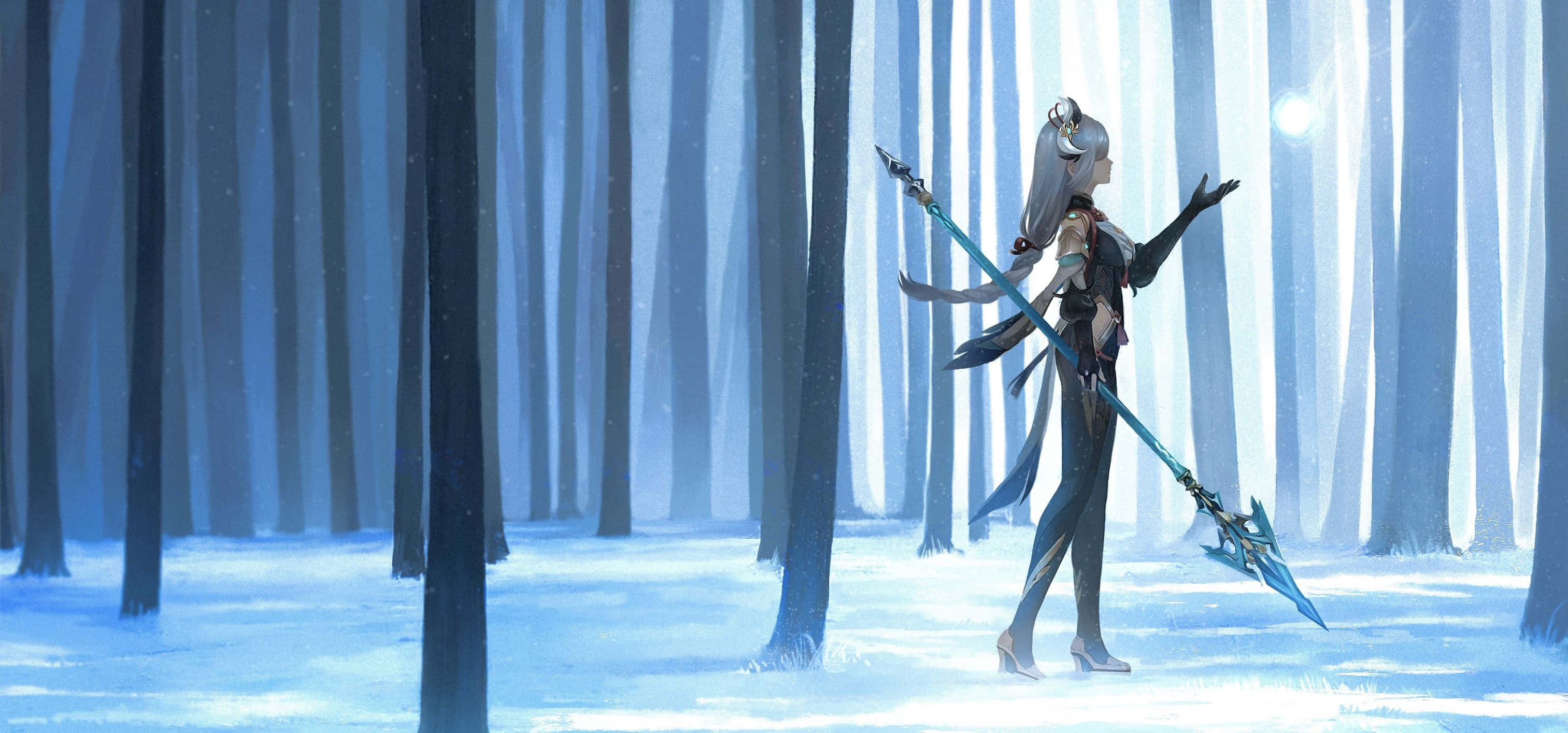 Shenhe, winter forest, silver-haired anime warrior, 2K Desktop Wallpaper