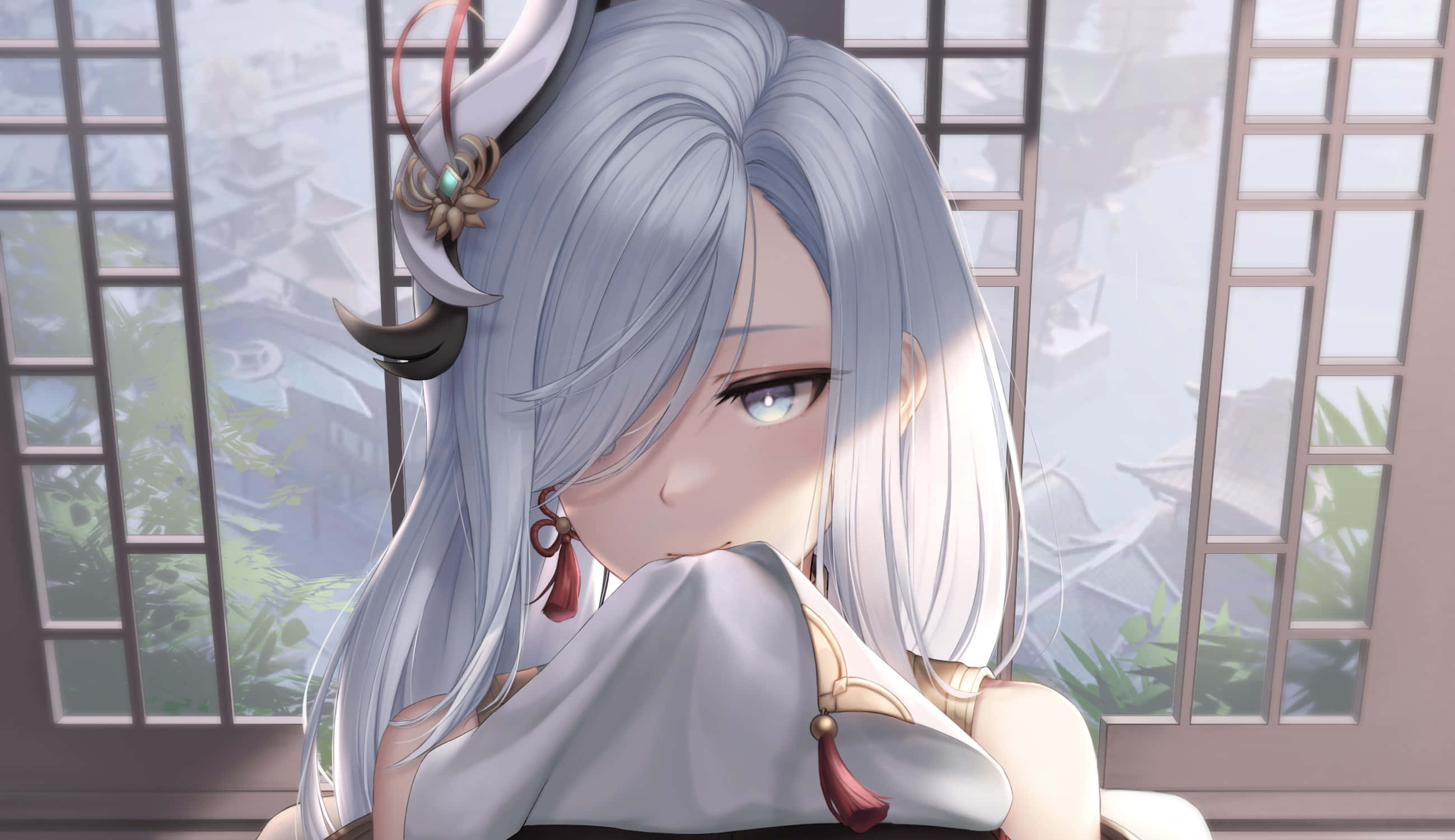 Shenhe, silver hair, horns, 2K Desktop Wallpaper