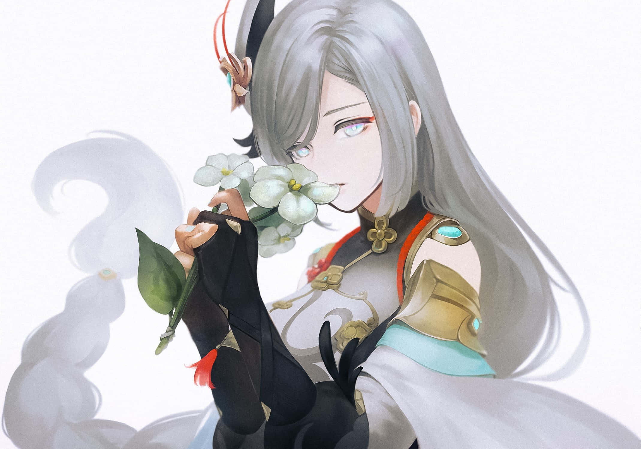 Shenhe, silver-haired anime girl, ornate armor, Full HD Desktop Wallpaper