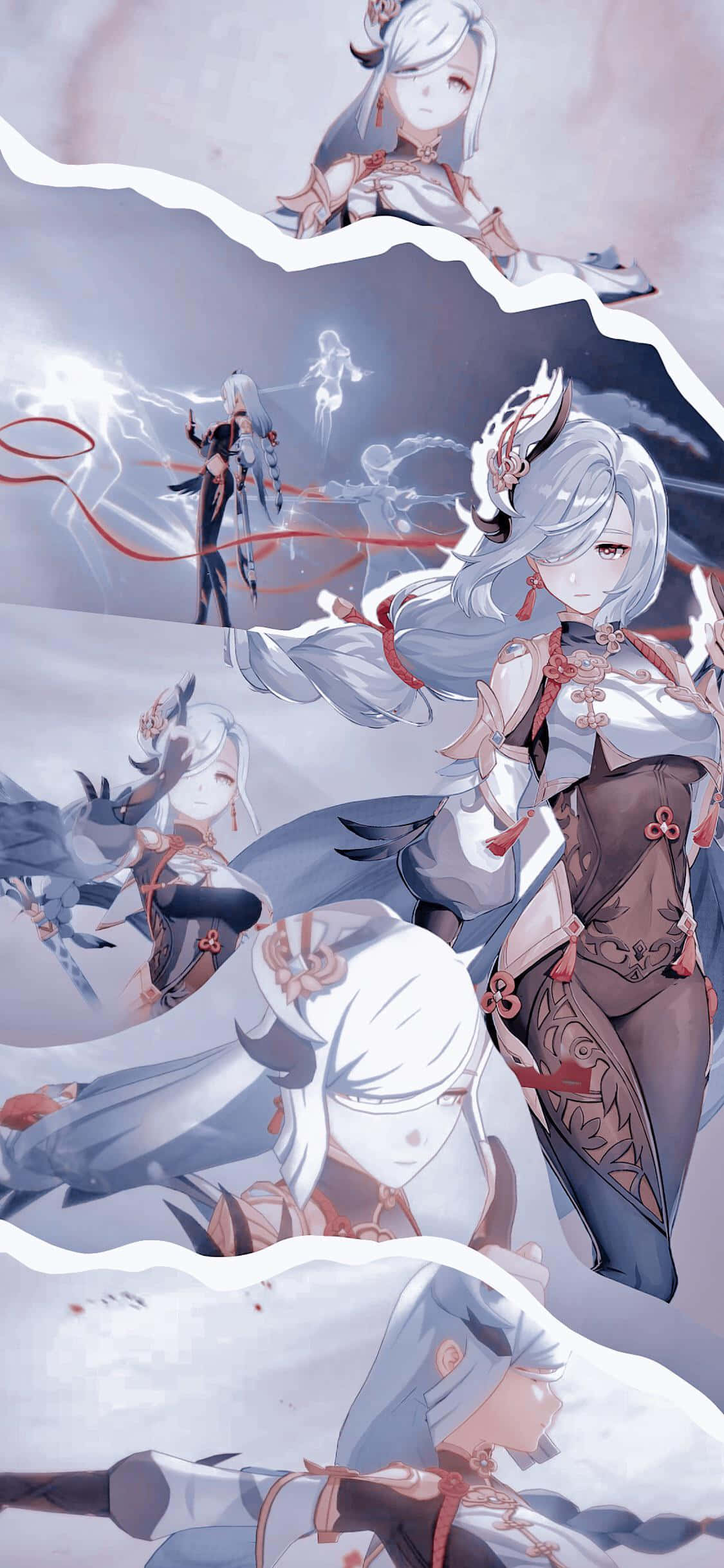 Shenhe, silver hair, red accents, Full HD Phone Wallpaper