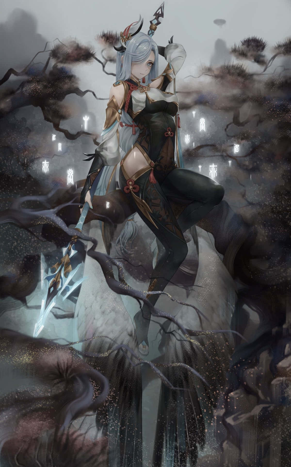 Shenhe, moonlit forest, silver-haired, Full HD Phone Wallpaper