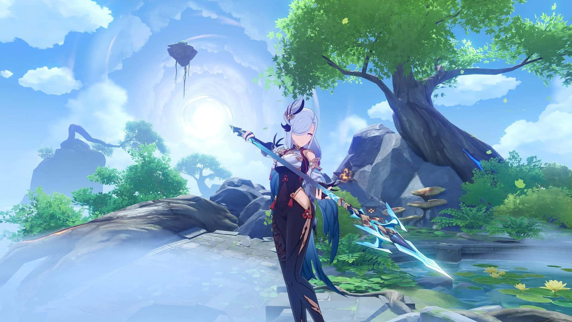 Shenhe, silver-haired anime girl, glowing blue spear, Full HD Desktop Wallpaper
