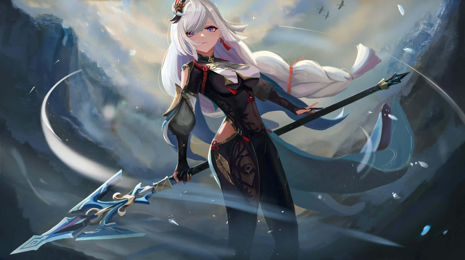 Shenhe, silver-haired anime warrior, black armor, Full HD Desktop Wallpaper