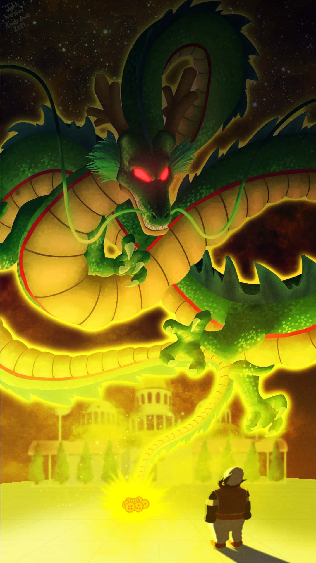 Shenron, green dragon, glowing red eyes, Full HD Phone Wallpaper