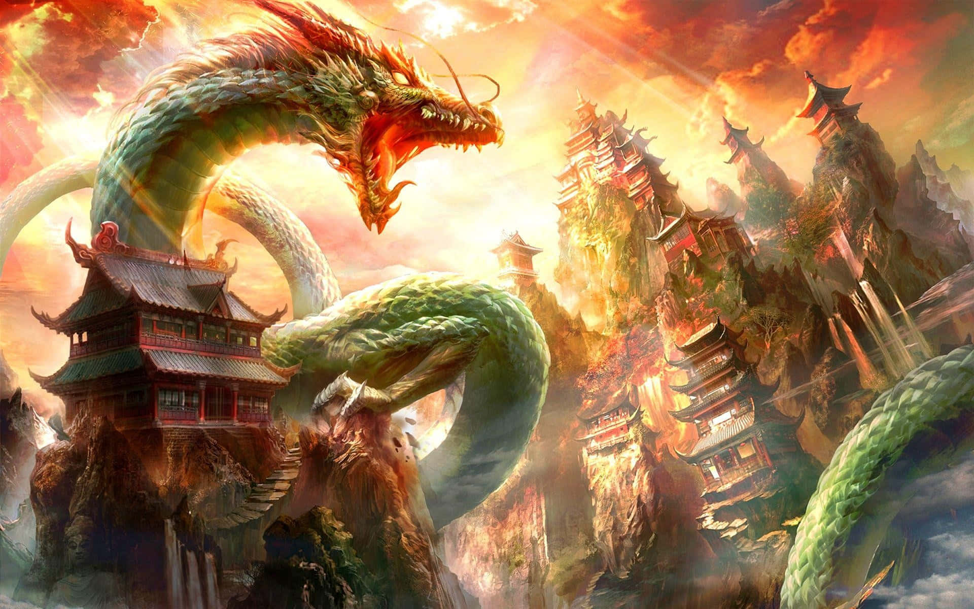 Shenron, ancient Asian temples, fiery cliffs, Full HD Desktop Wallpaper