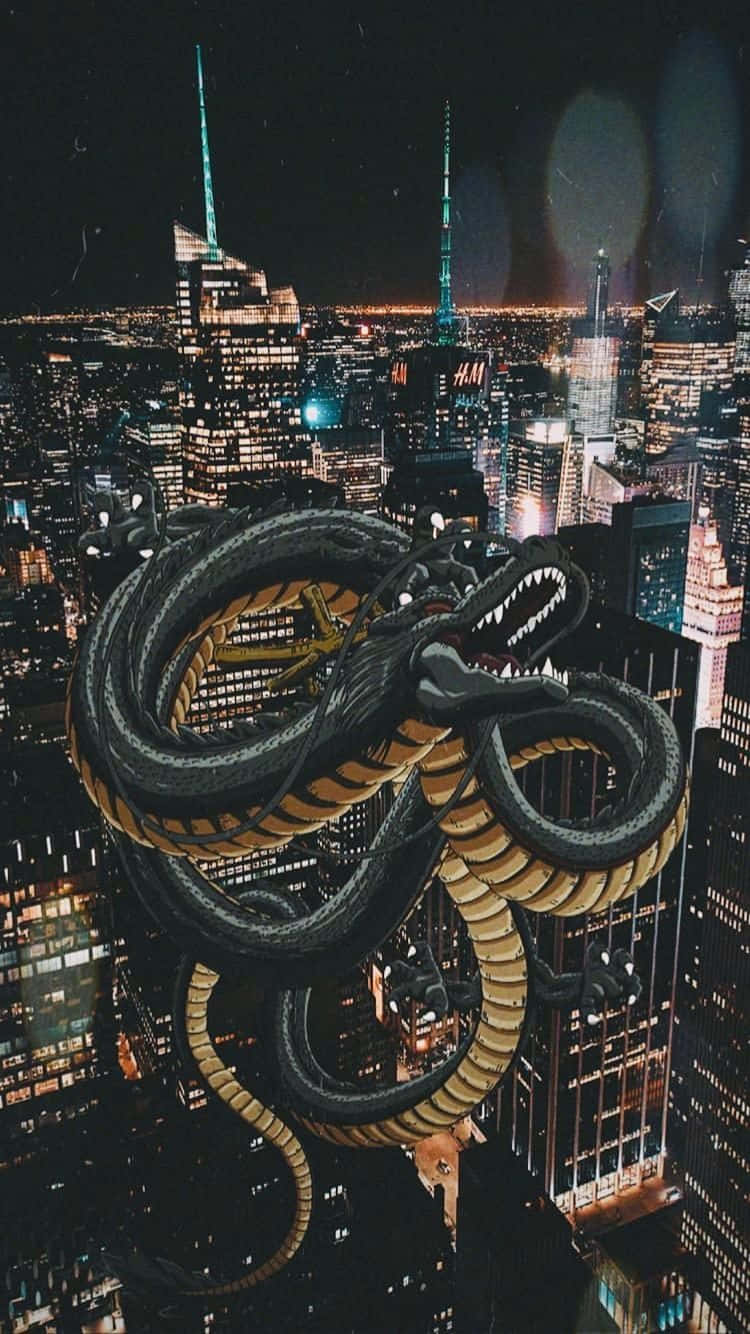 Shenron, city night skyline, black and gold dragon, HD Phone Wallpaper