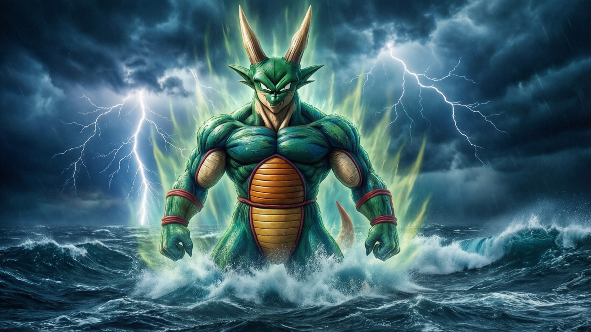 Storm Ocean Shenron, green-skinned Saiyan warrior, stormy ocean waves, Full HD Desktop Wallpaper