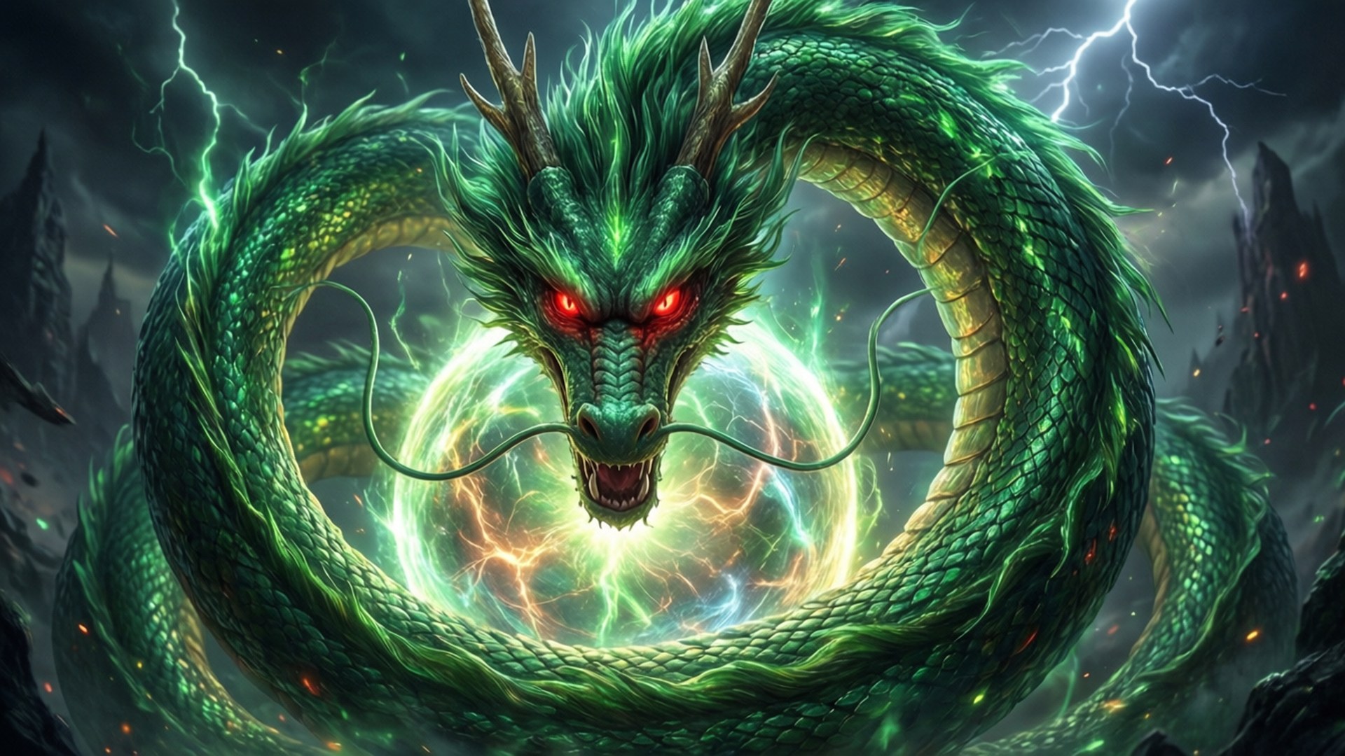 Shenron, green dragon, glowing red eyes, Full HD Desktop Wallpaper