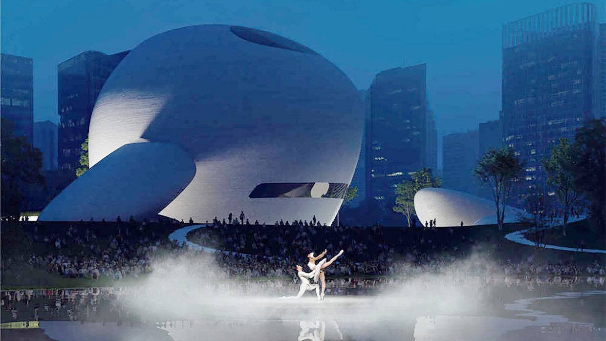 Shenzhen, futuristic white dome building, dancers perform, SD Desktop Wallpaper