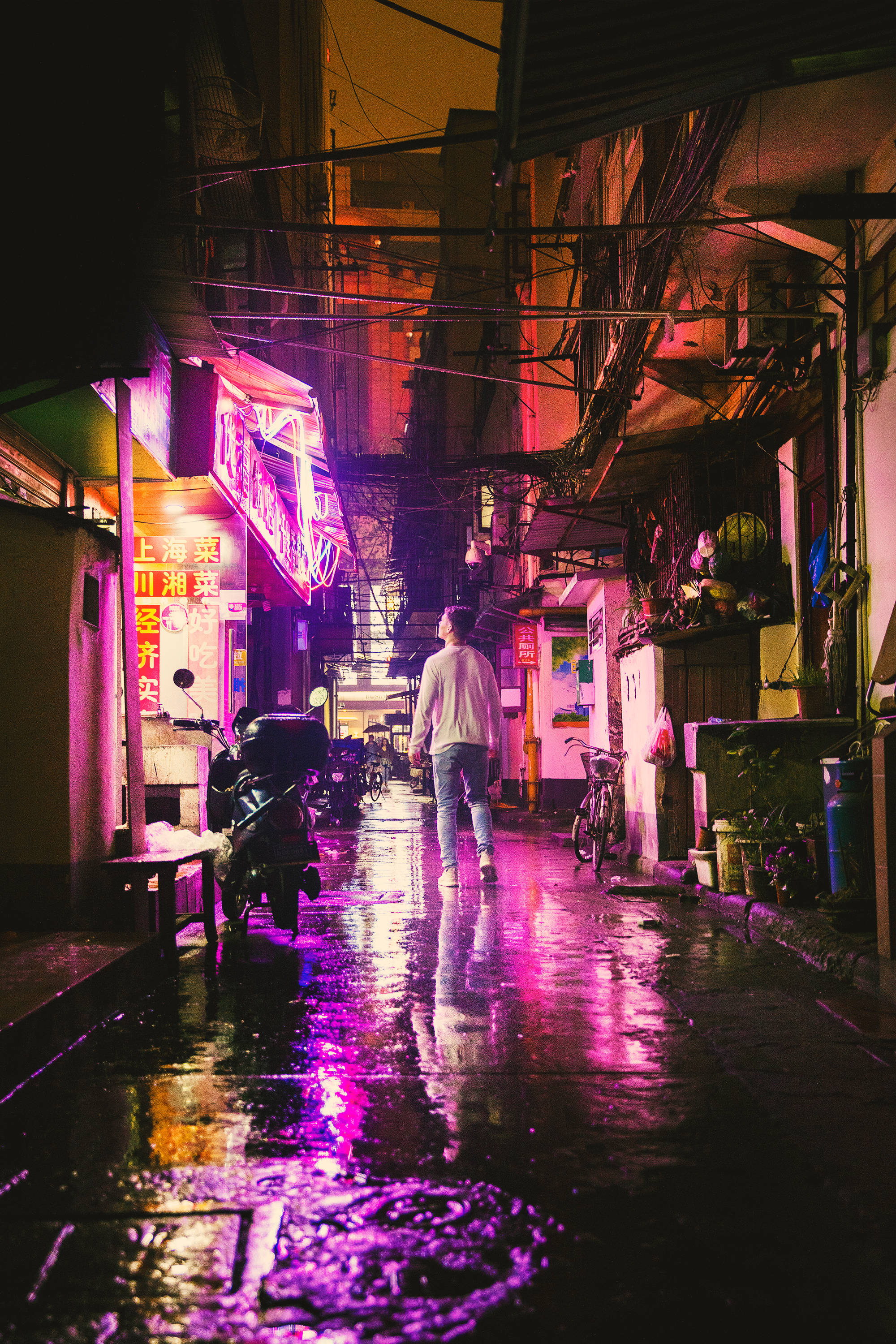 neon-drenched, rain-slicked alley, night, 2K Phone Wallpaper