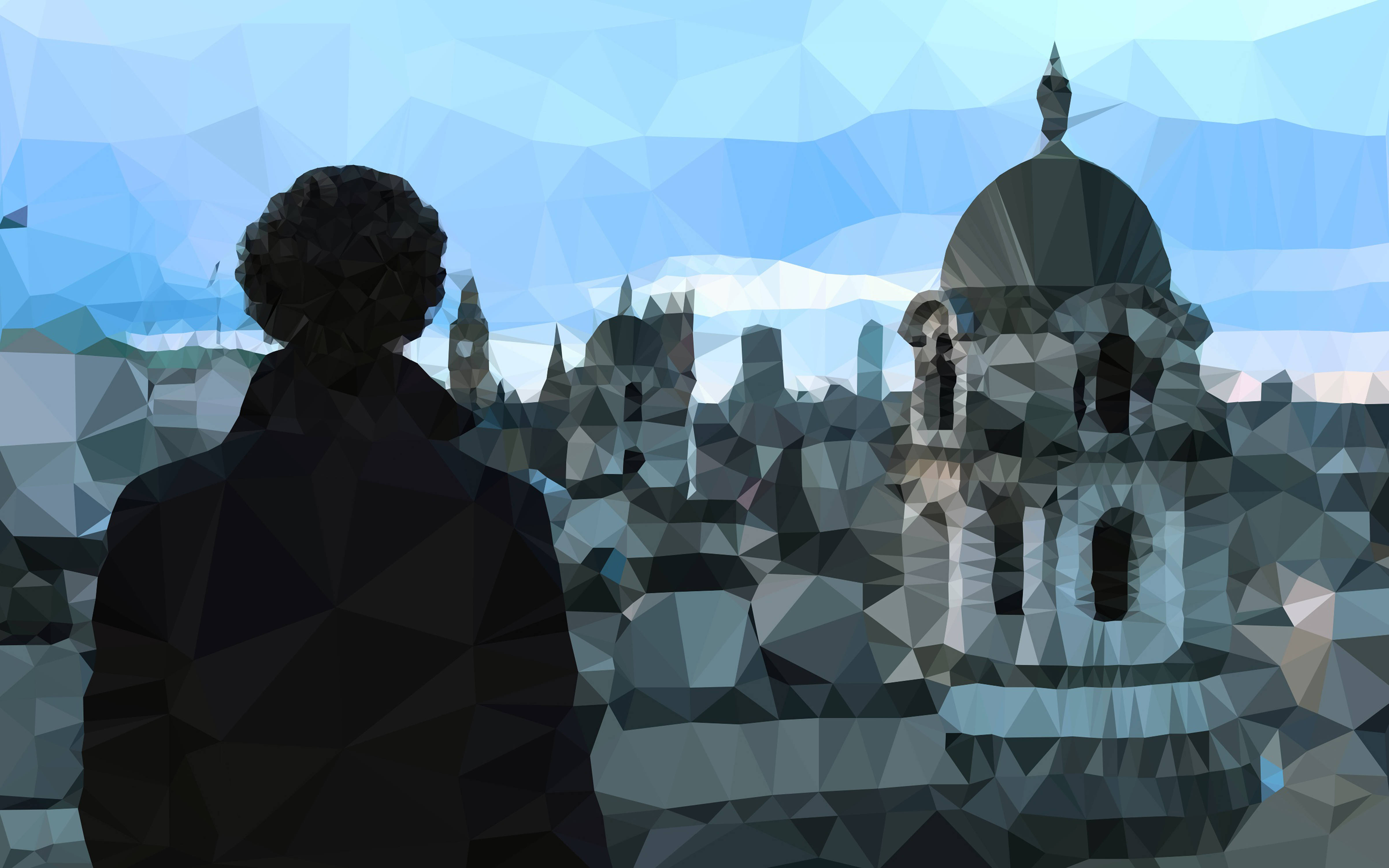 Sherlock Holmes, poly art, geometrically fragmented cityscape, 4K Desktop Wallpaper