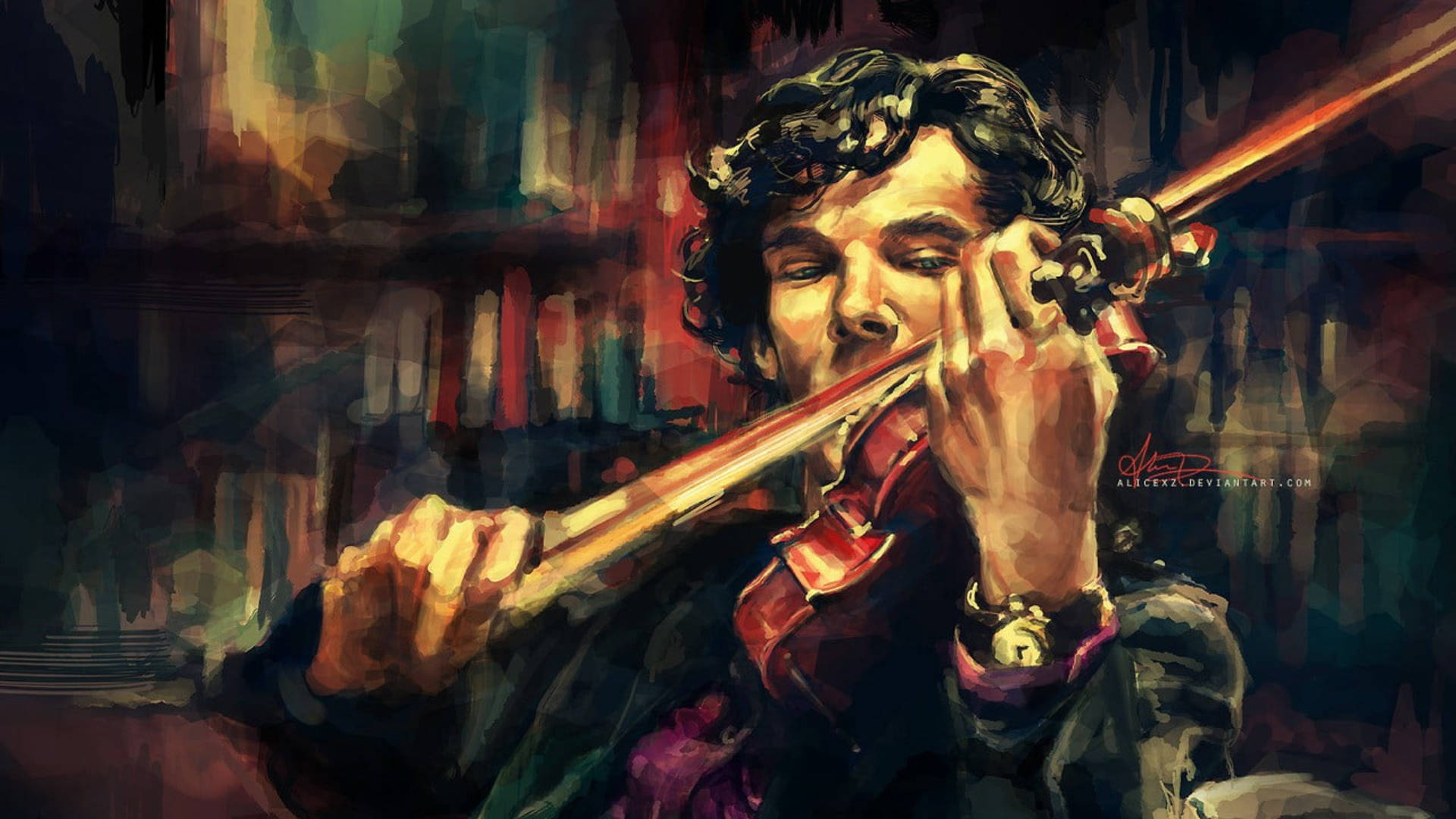 Sherlock Holmes, violin, oil painting, Full HD Desktop Wallpaper