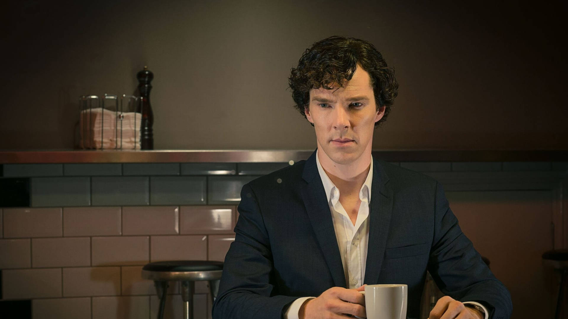 Sherlock, dark suit, white mug, Full HD Desktop Wallpaper