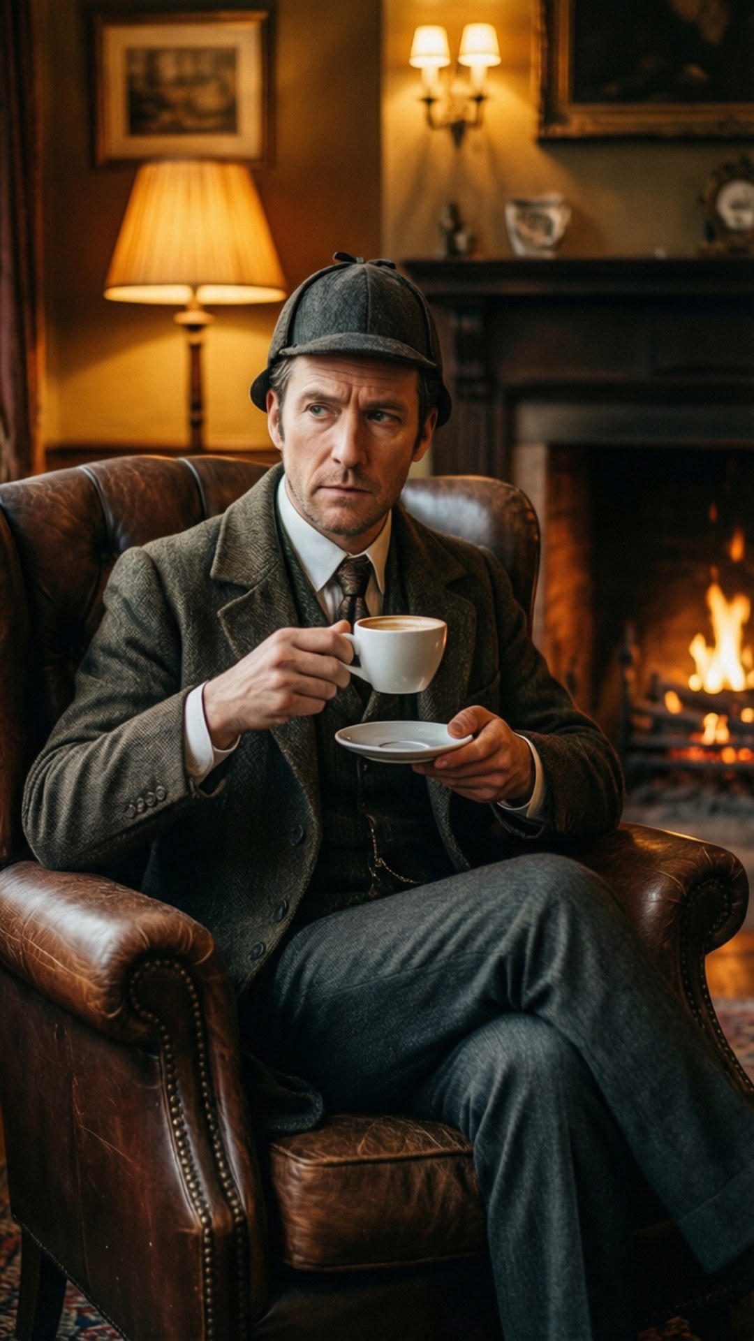 Sherlock, coffee, fireplace, Full HD Phone Wallpaper