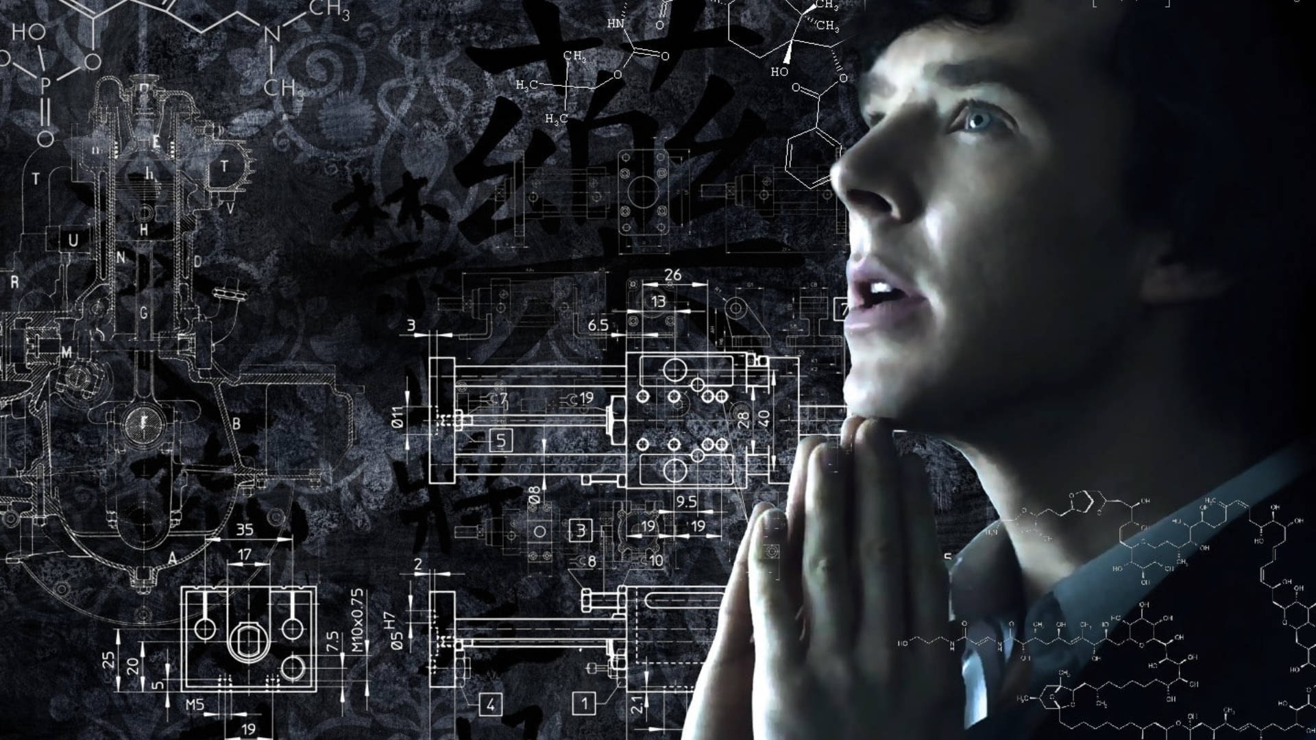 Sherlock, glowing technical schematics, chemical formulas, Full HD Desktop Wallpaper
