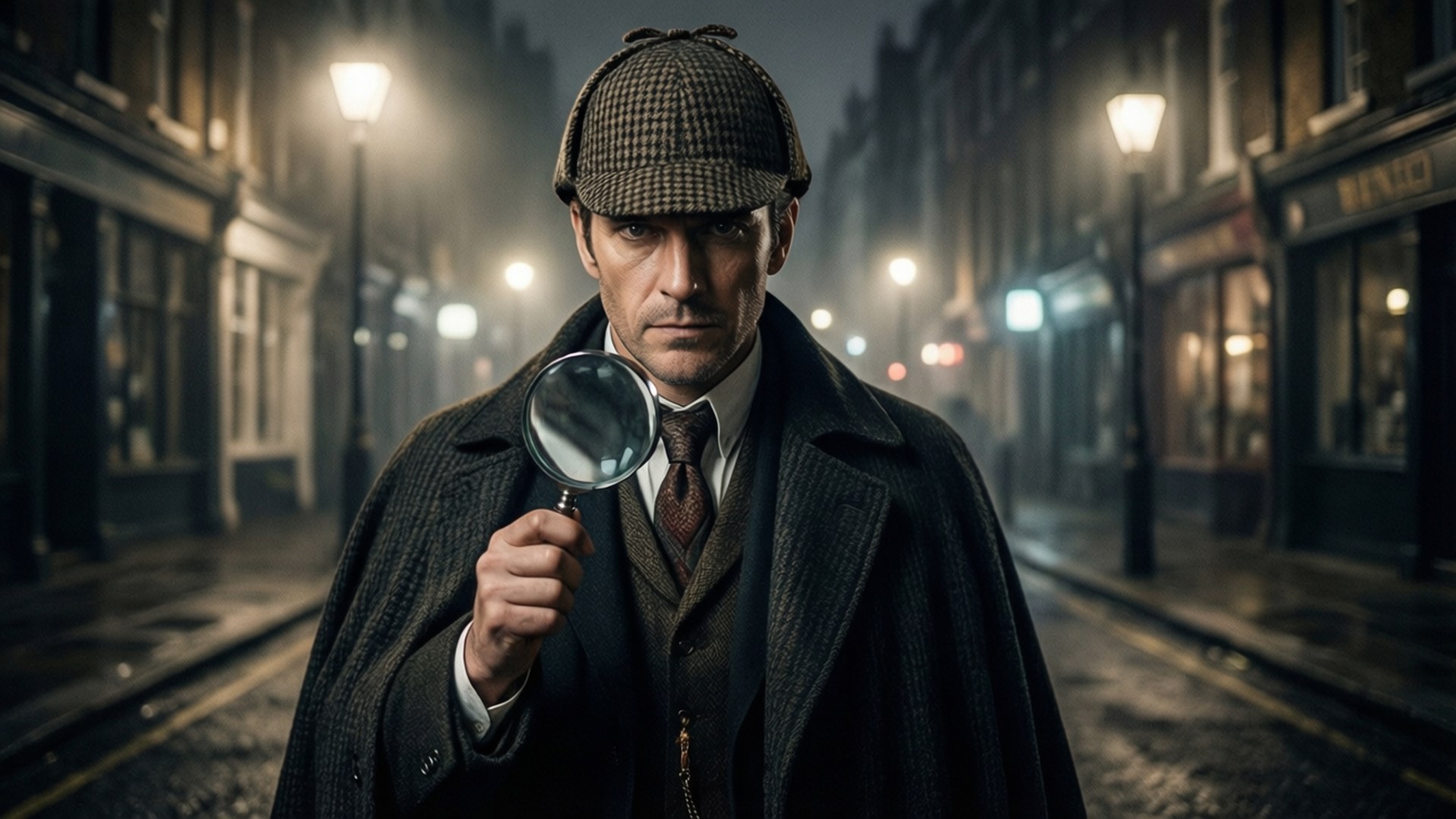 deerstalker hat, trench coat, magnifying glass, Full HD Desktop Wallpaper