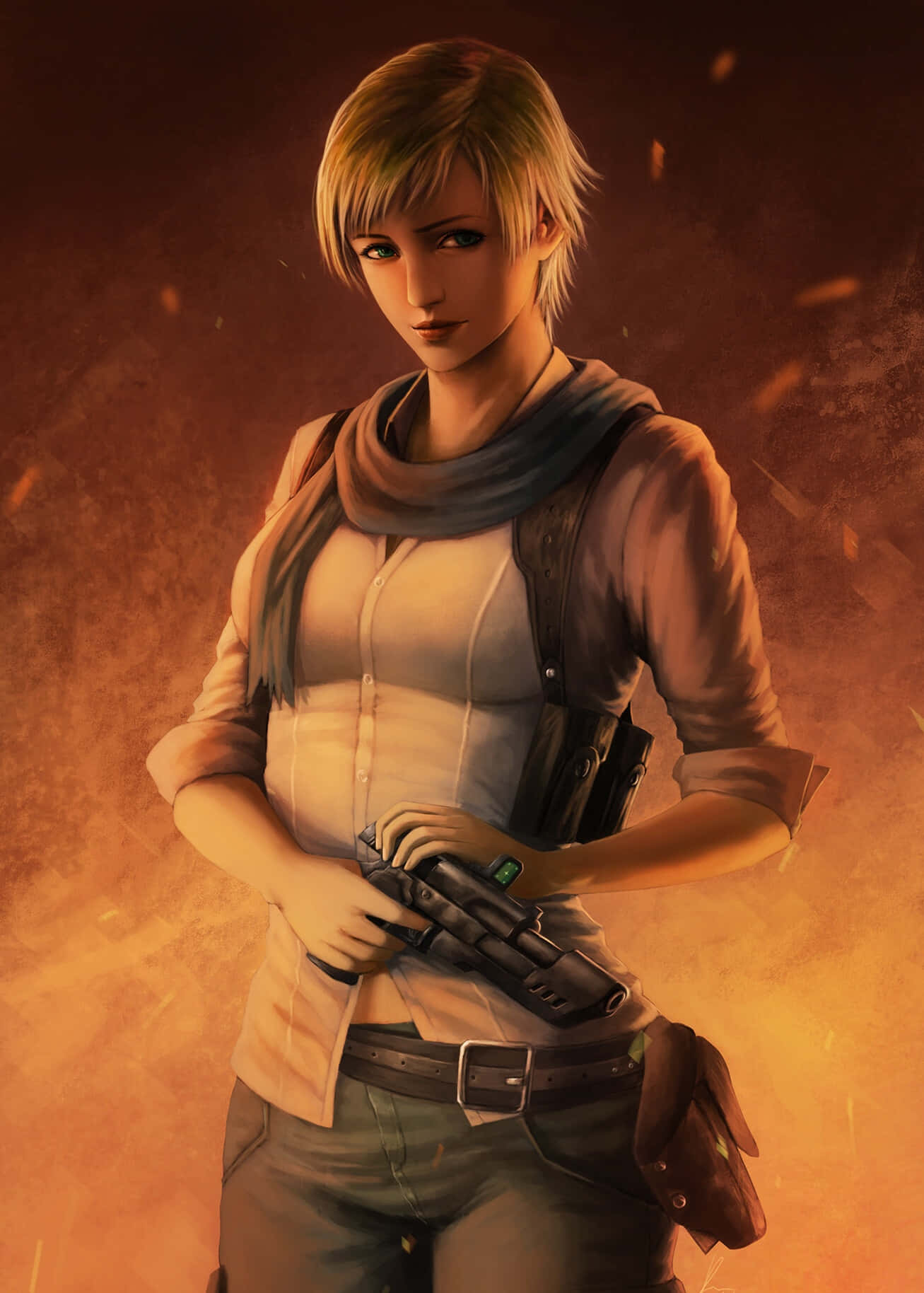 Sherry Birkin, pistol, fiery orange and brown backdrop, HD Phone Wallpaper