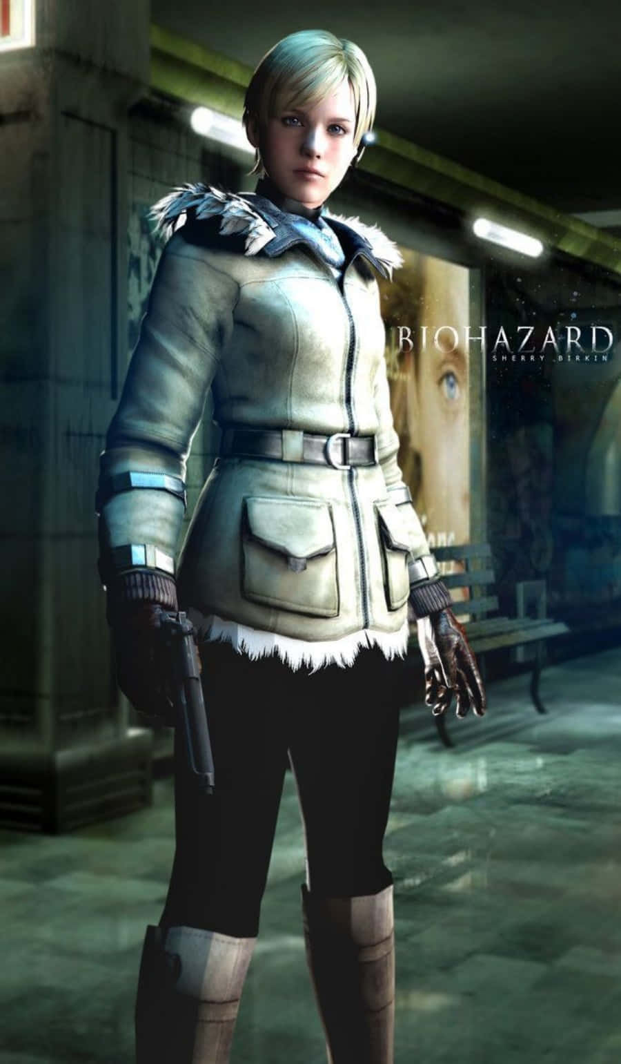 Sherry Birkin, tactical winter coat, dimly lit underground station, HD Phone Wallpaper