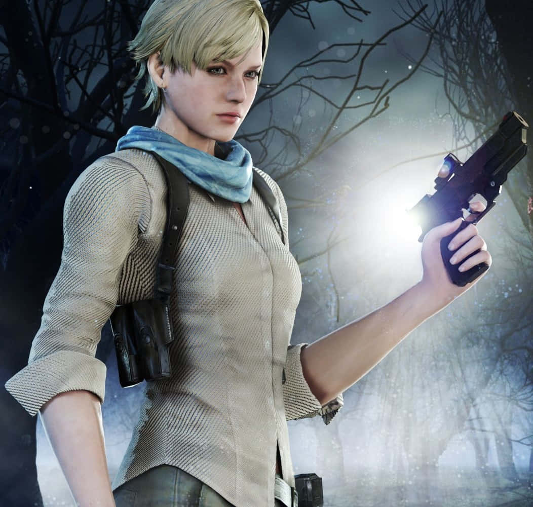 Sherry Birkin, beige shirt, blue scarf, SD Desktop Wallpaper