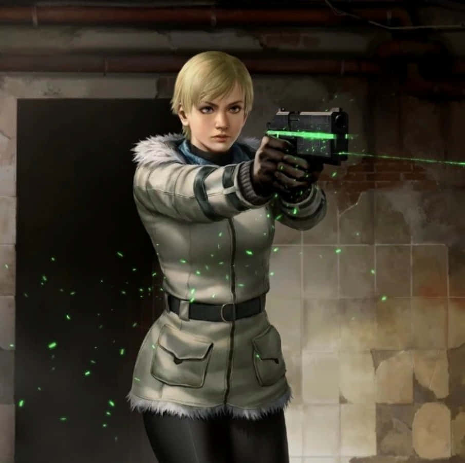 Sherry Birkin, glowing green laser pistol, winter coat, SD Desktop Wallpaper