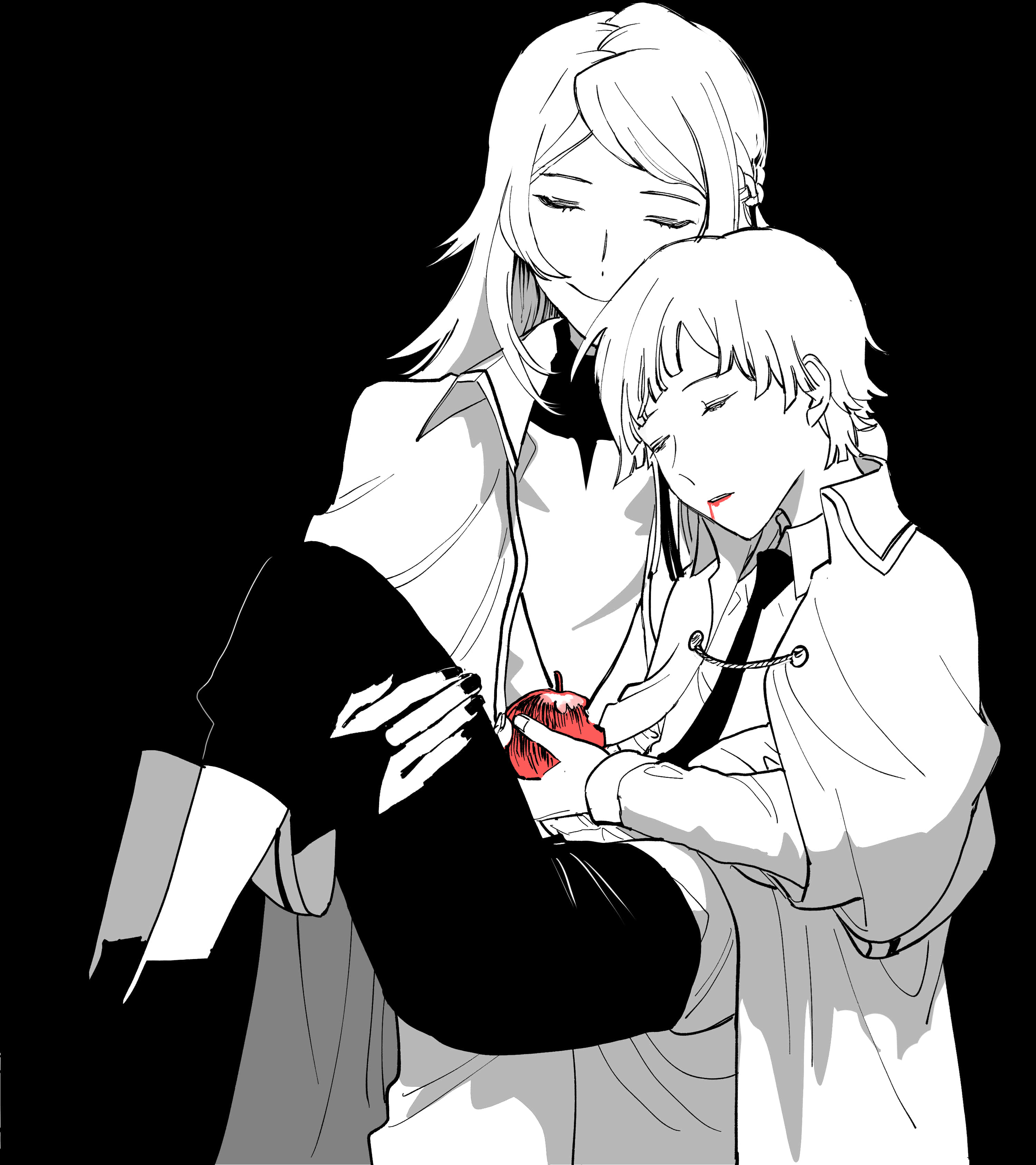 Shibusawa Tatsuhiko, red apple, black background, 2K Phone Wallpaper