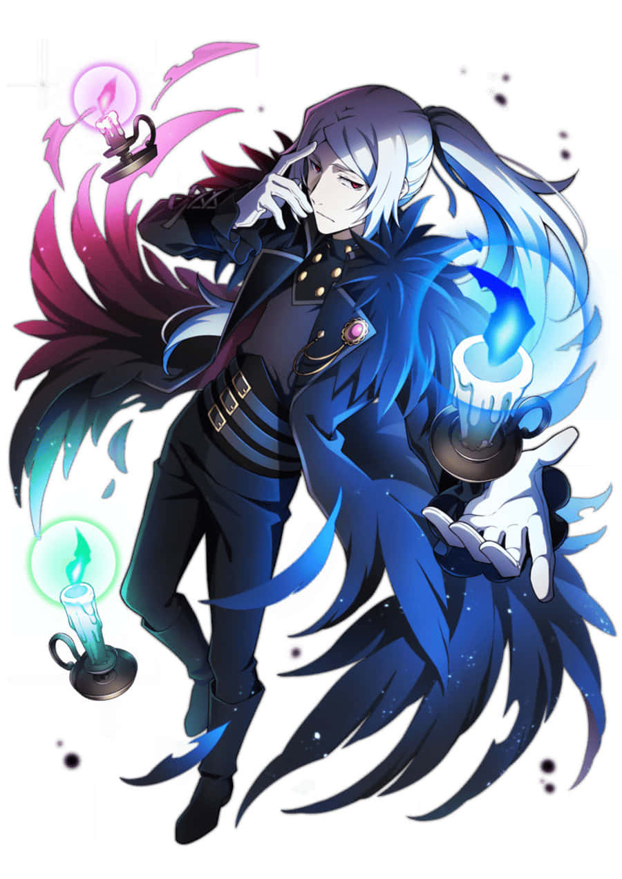 Shibusawa Tatsuhiko, long blue hair, glowing candles, SD Phone Wallpaper