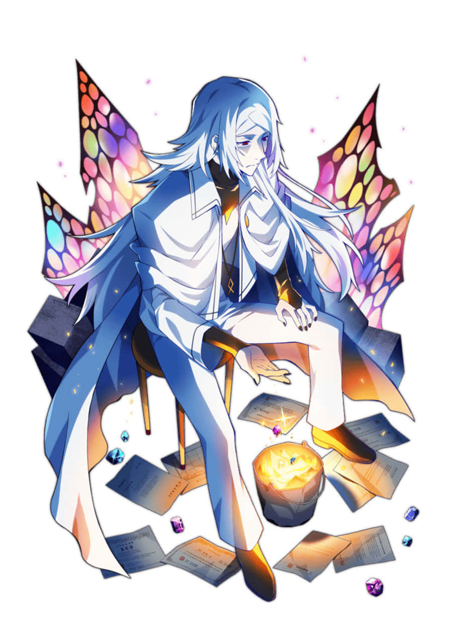 Shibusawa Tatsuhiko, blue-haired anime character, colorful stained-glass wings, SD Phone Wallpaper