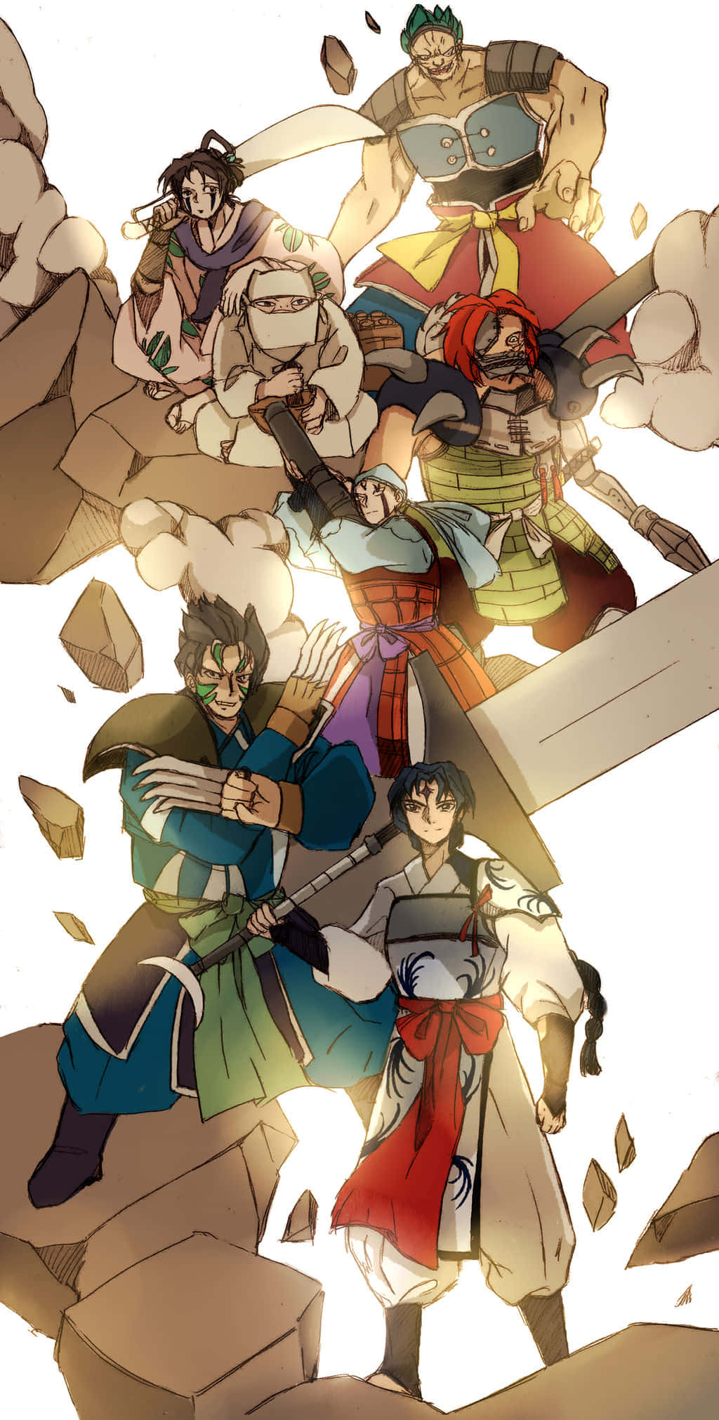 Shichinintai, anime group of warriors, traditional armor, Full HD Phone Wallpaper