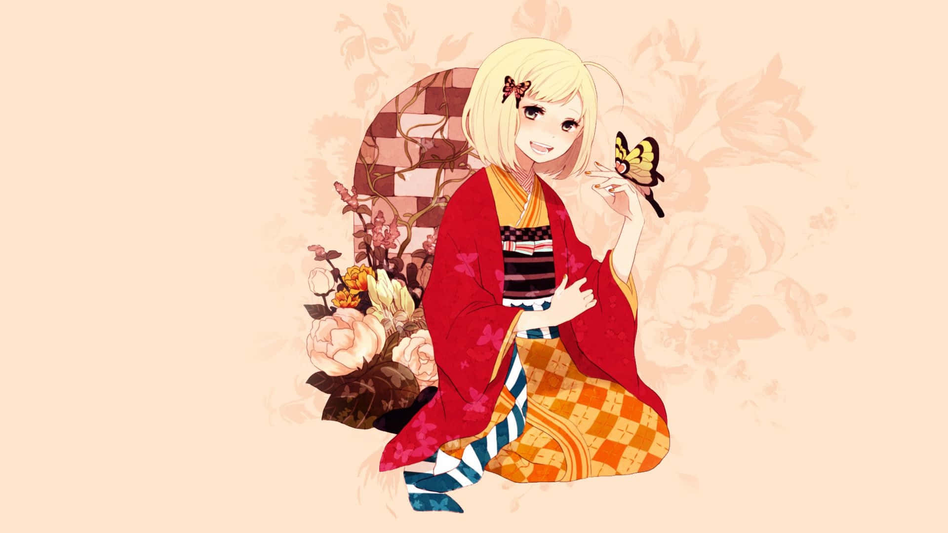 Shiemi Moriyama, red kimono, butterfly, Full HD Desktop Wallpaper