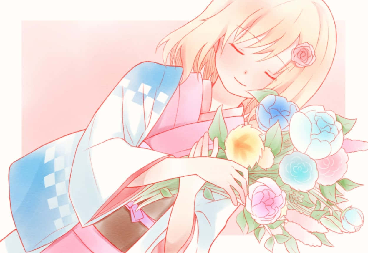 Shiemi Moriyama, pink and blue kimono, pastel roses, SD Desktop Wallpaper