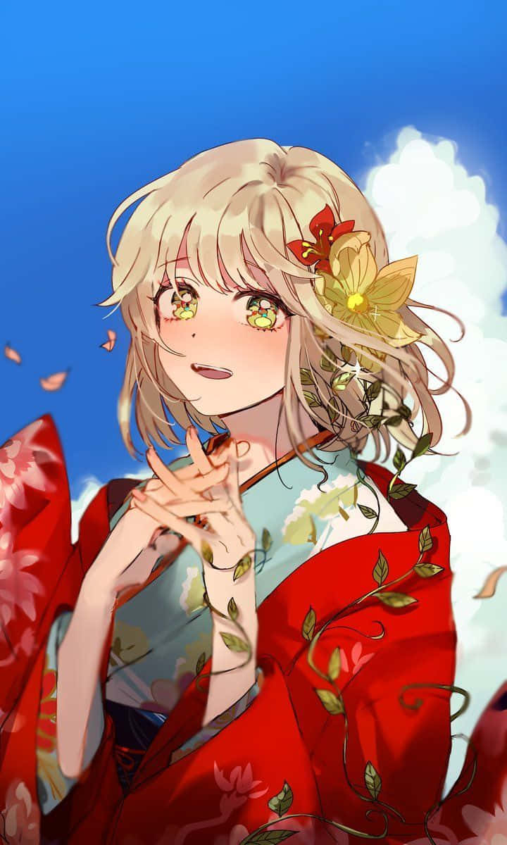 Shiemi Moriyama, red floral kimono, bright blue sky, SD Phone Wallpaper