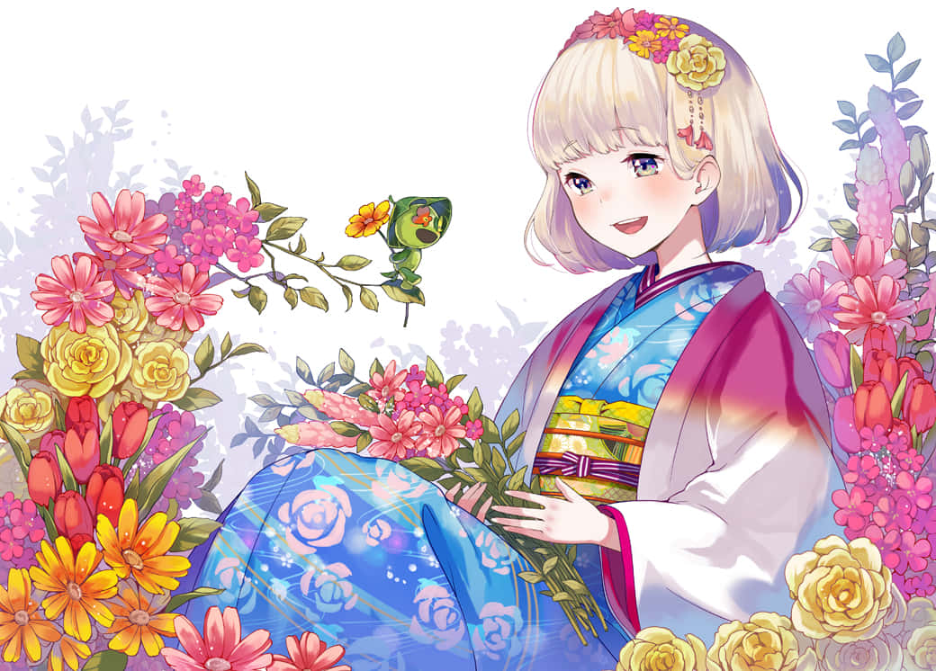 Shiemi Moriyama, floral kimono, pink yellow and red blossoms, SD Desktop Wallpaper